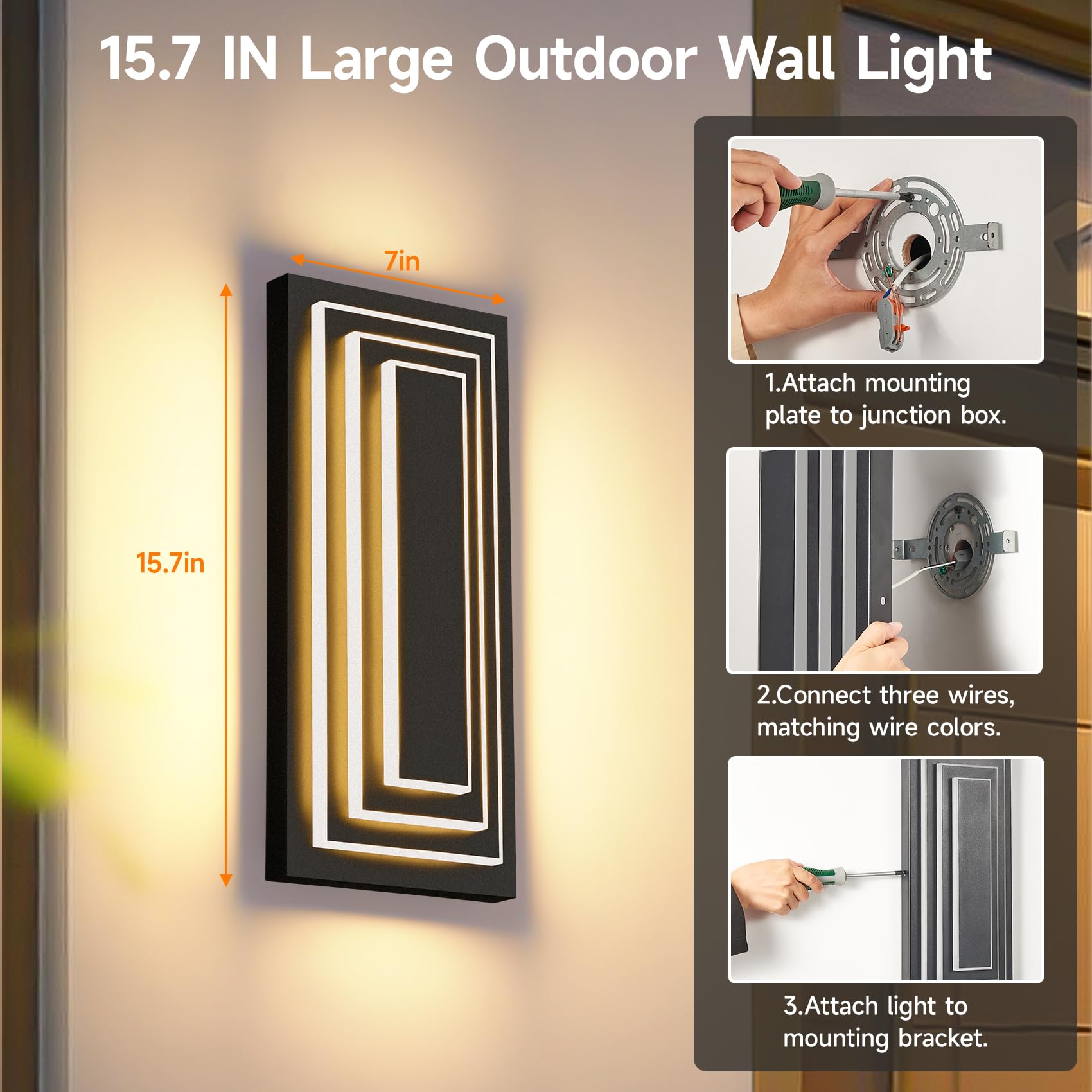 ZSMAIKU 3-Tier LED Outdoor Wall Light Sconce, 15.7 in, Black, Waterproof, 2 Pack, Model MK-108-400WHH-3C-
