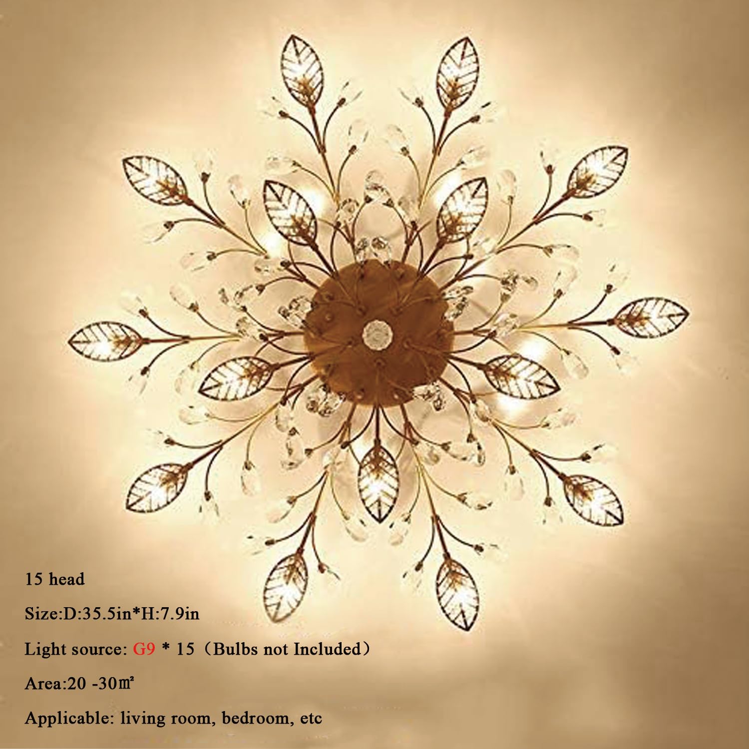 Ridiss Modern Crystal Ceiling Light Fixture, 15-Light Semi Flush Mount Chandelier, Gold, Model SJD-15