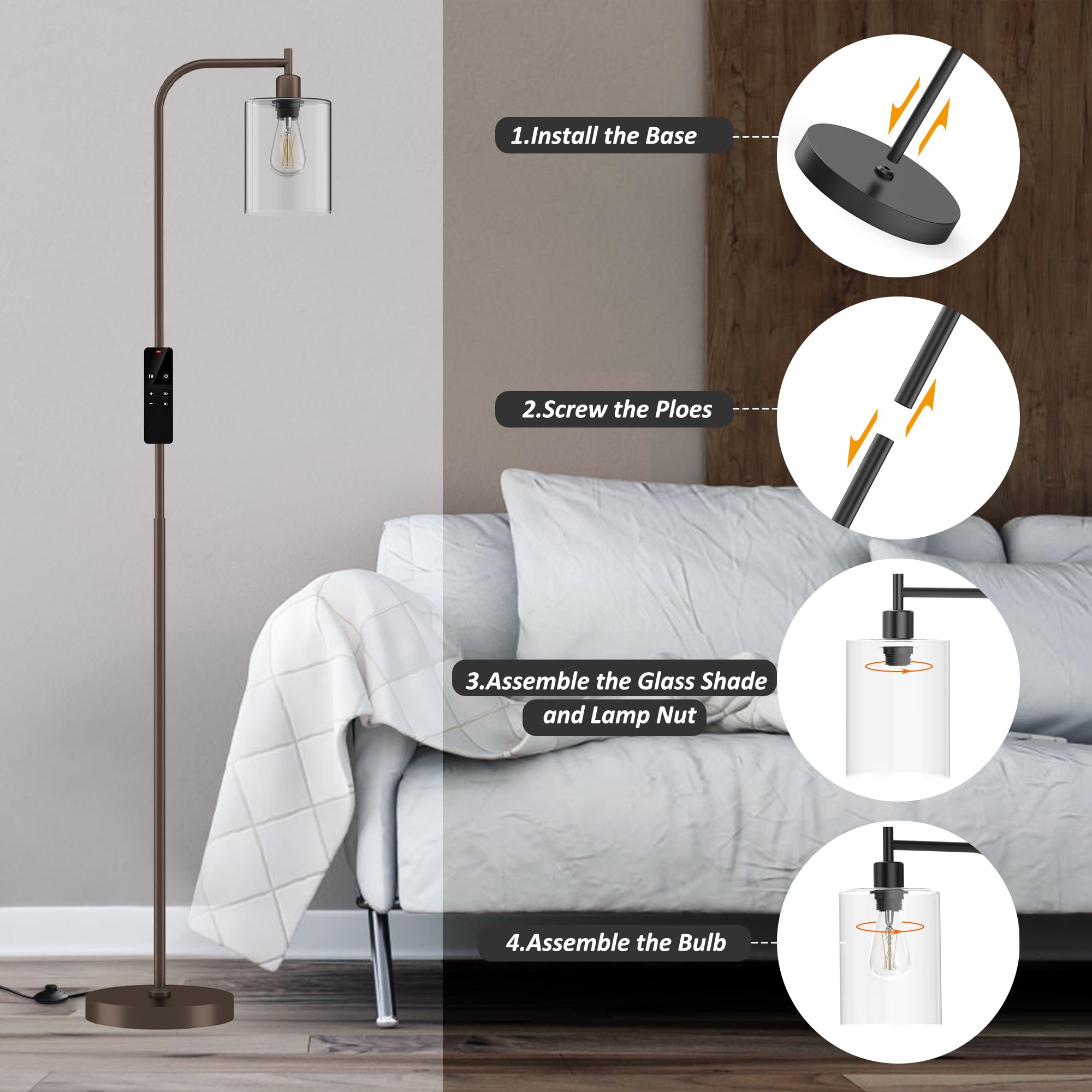 Wio-Mio Industrial Floor Lamp, Dimmable LED, Glass Shade, Bronze, Model MF19334, Tall for Living Room, Bedroom, Office