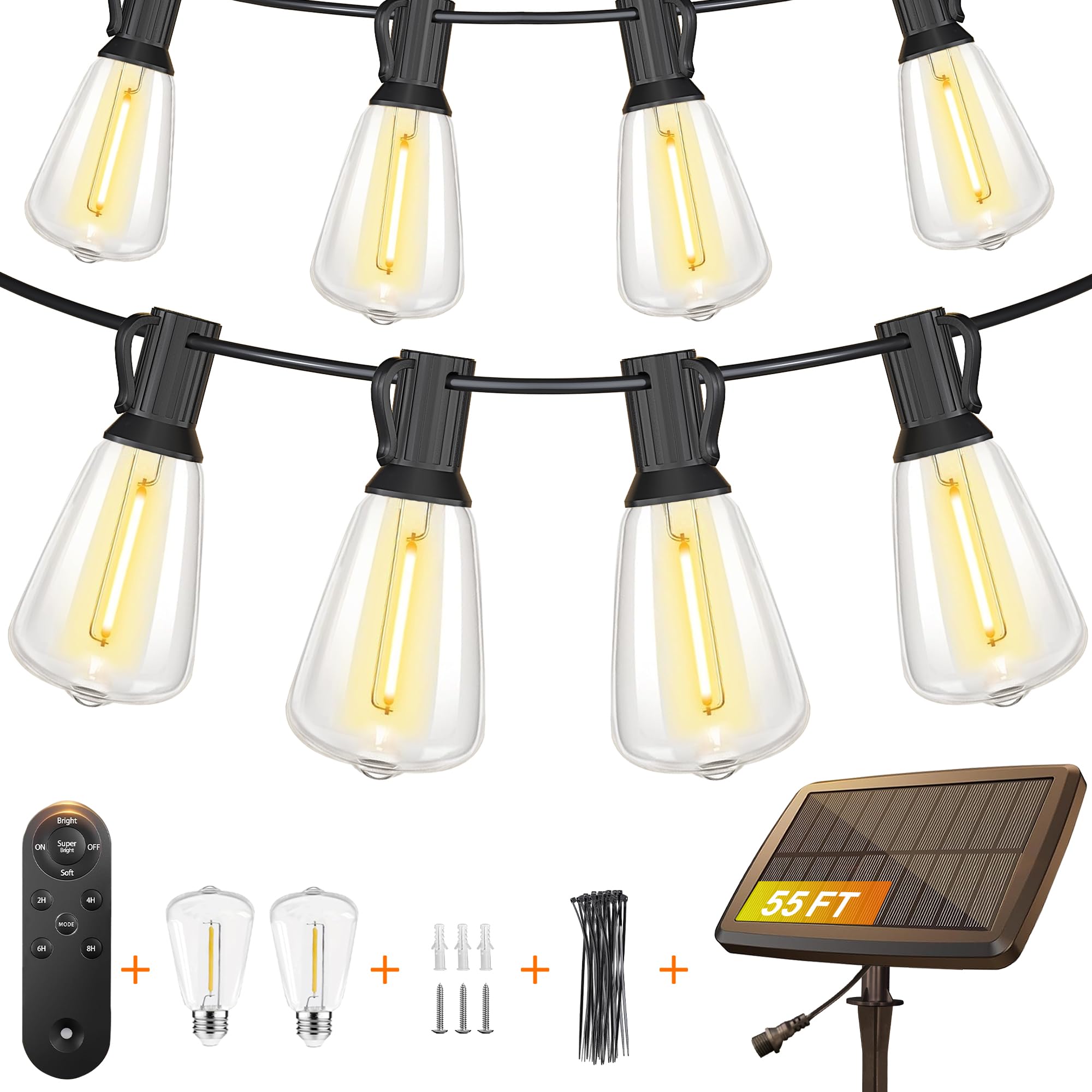 BLIATLUS 55FT Solar String Lights Outdoor Waterproof with Remote Control 15+2 Shatterproof LED ST38 Bulbs for Porch Garden Marke