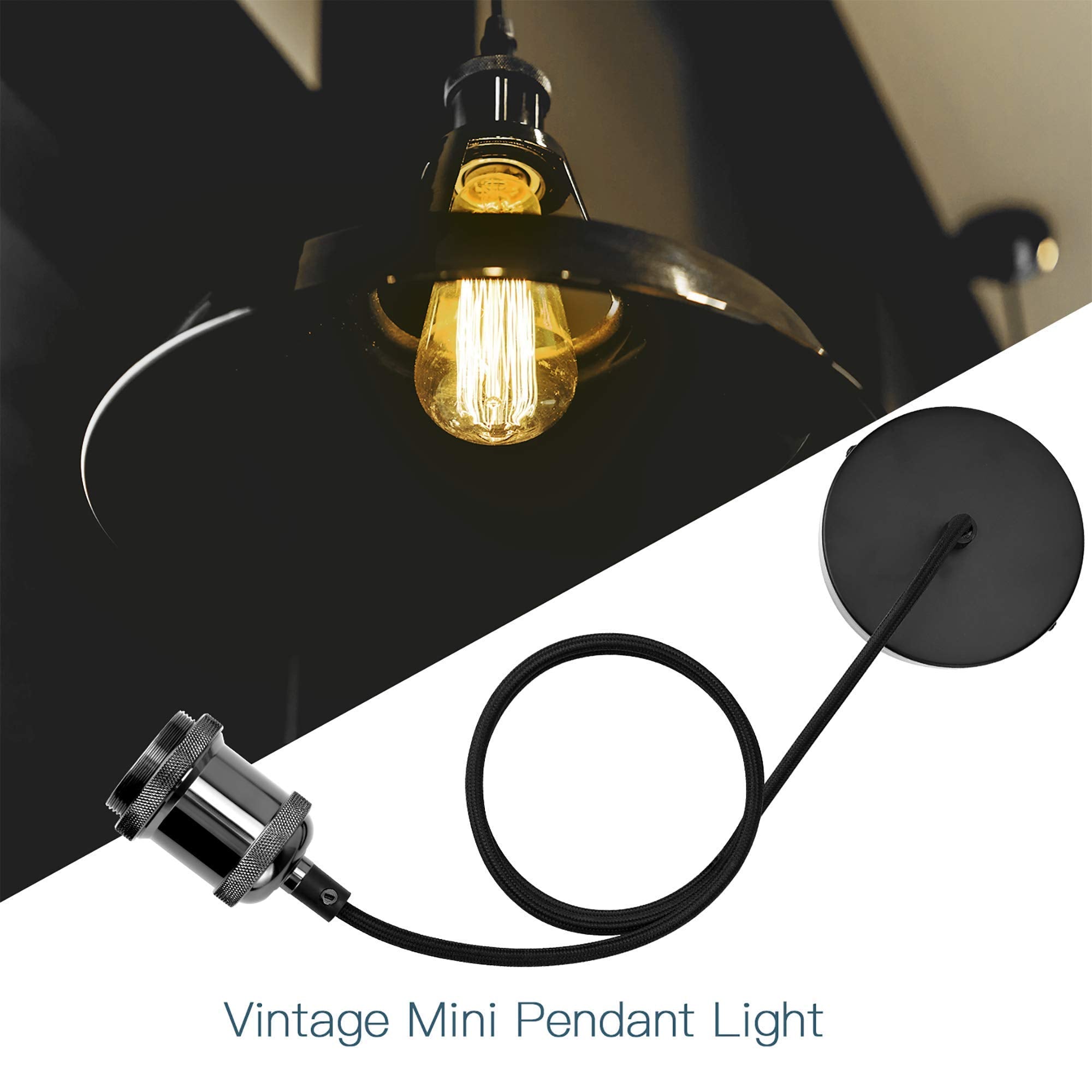 JACKYLED Pendant Light Kit - Adjustable Black Woven Fabric Cord, Copper E26/E27 Socket, UL Listed, Pearl Black, Model bfa43cad-2aca-4683-96