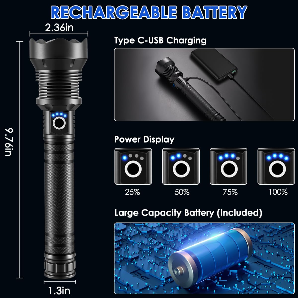 ZioeYiue Rechargeable Tactical Flashlight, 5 Modes, Adjustable Focus, Aluminum, X92-Pro, Black