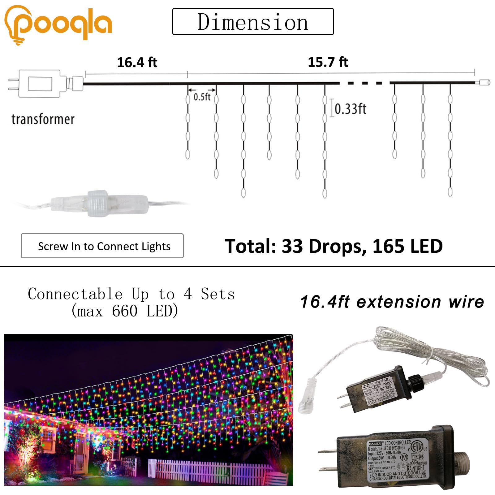 Pooqla Color Changing Icicle Lights, 165 LED 15.7FT RGB Waterproof String Lights for Outdoor Decoration, Remote Control, Model DENC-SL-2