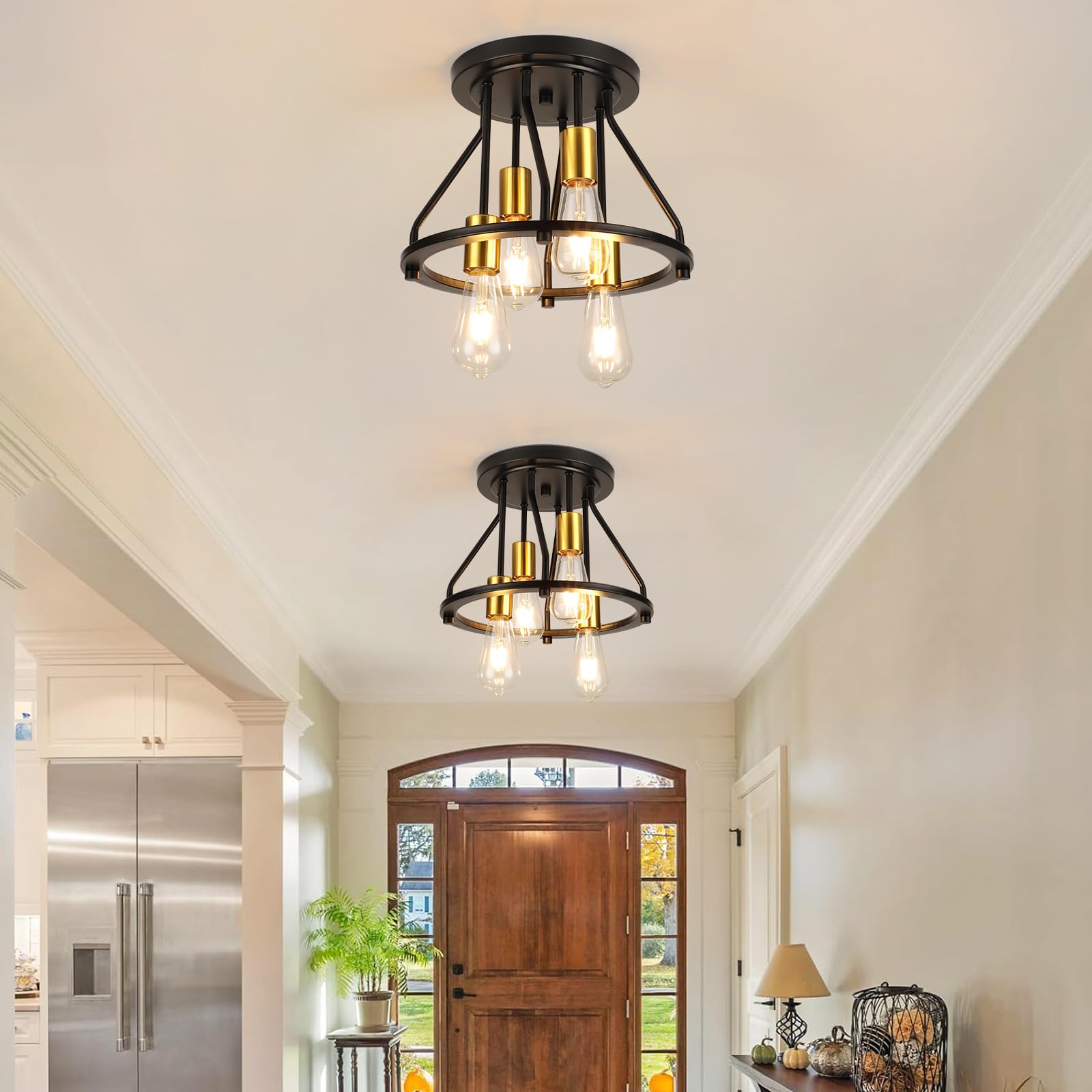 Wilon Semi Flush Mount Ceiling Light 4-Light Ceiling Light Fixtures - Black Gold Farmhouse Kitchen Light Industrial Hallway Ligh