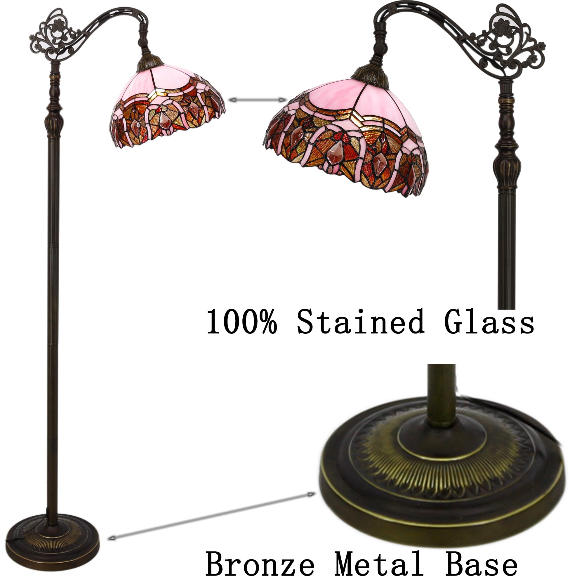 ZJART Tiffany Floor Lamp, Stained Glass, Adjustable Gooseneck, 67" Tall, Pink Jewelry, Model Z04E21F12