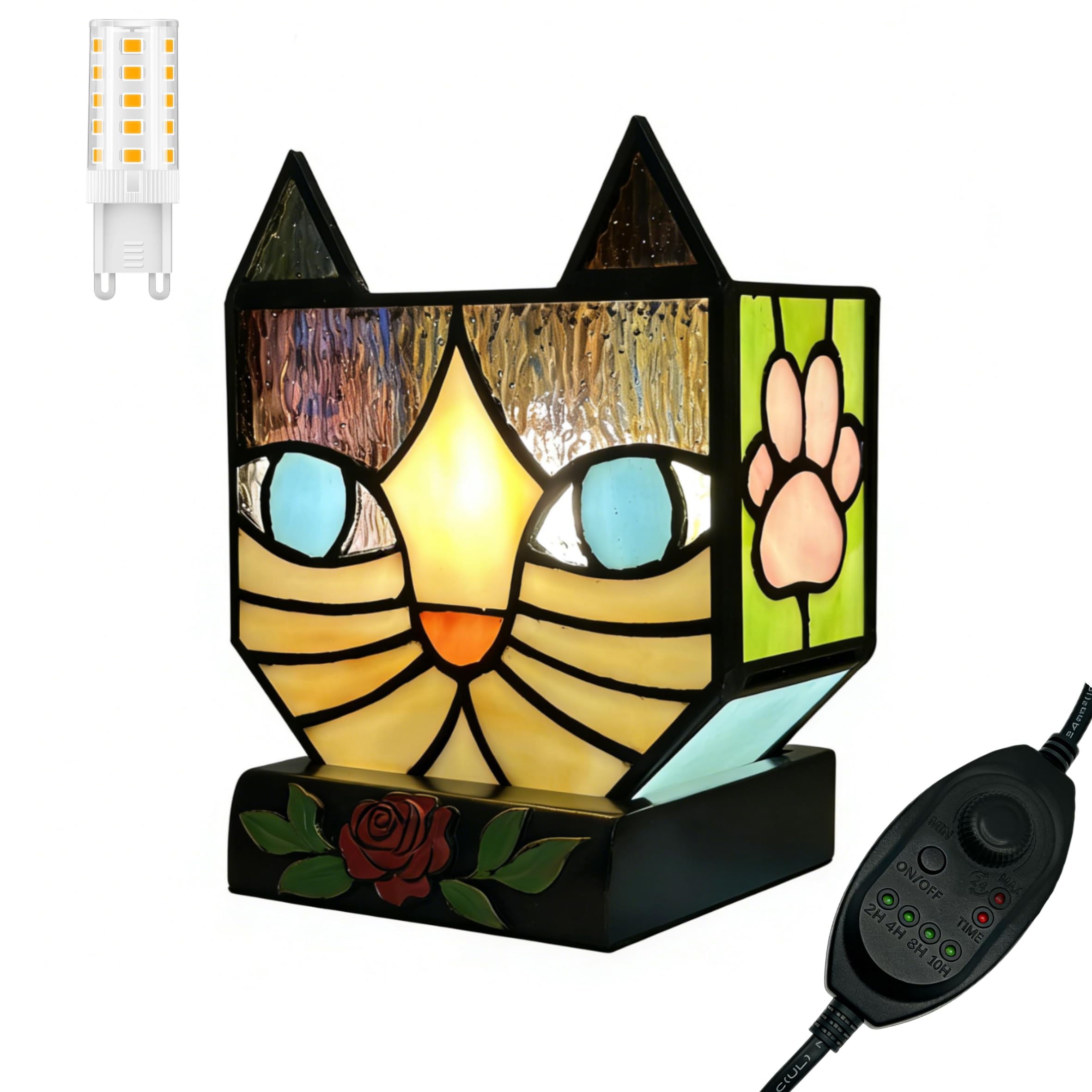 Entlityful Stained Glass Cat Lamp, Tiffany Style Table Lamp with 24H Cycle Timer, Small Table Lamp with Dimmable Timing Function