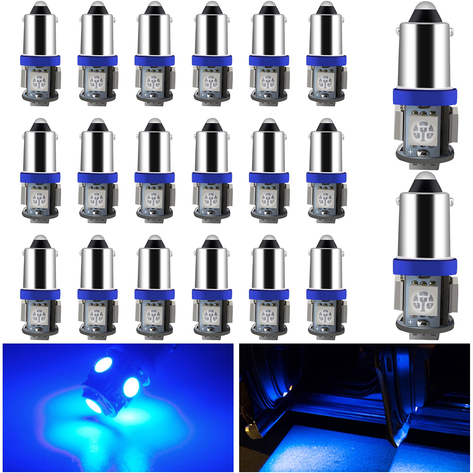 YM E-Bright BA9S 20-Pack Blue 5050 5SMD LED Bulbs for License Plate & Side Marker Lights, 12V