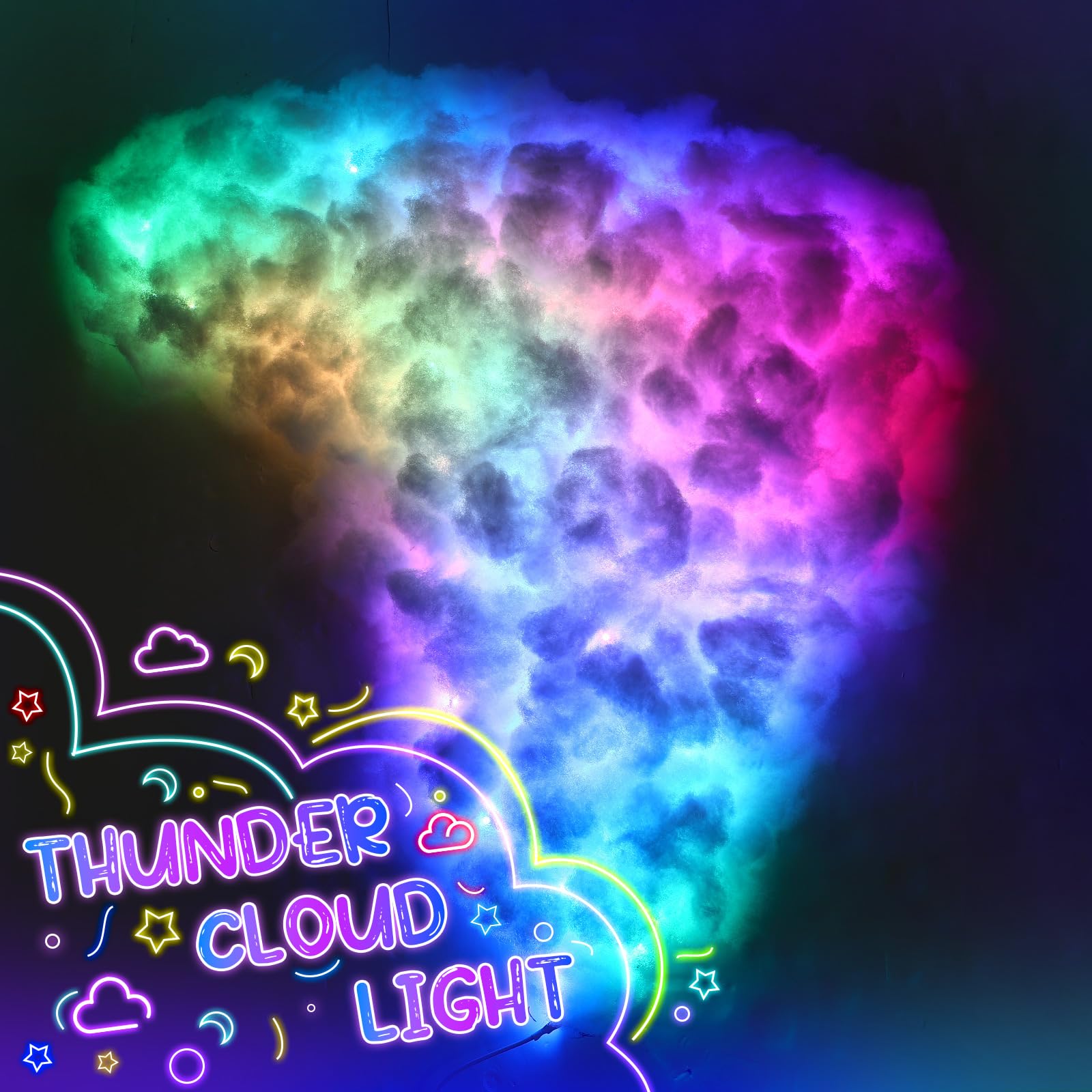 Huquary 3D Thundercloud LED Light Kit, Multicolor Cotton Cloud Lamp, 16 Ft, Music Sync, for Bedroom, Ceiling, Gaming Room, Party (2 Pcs)