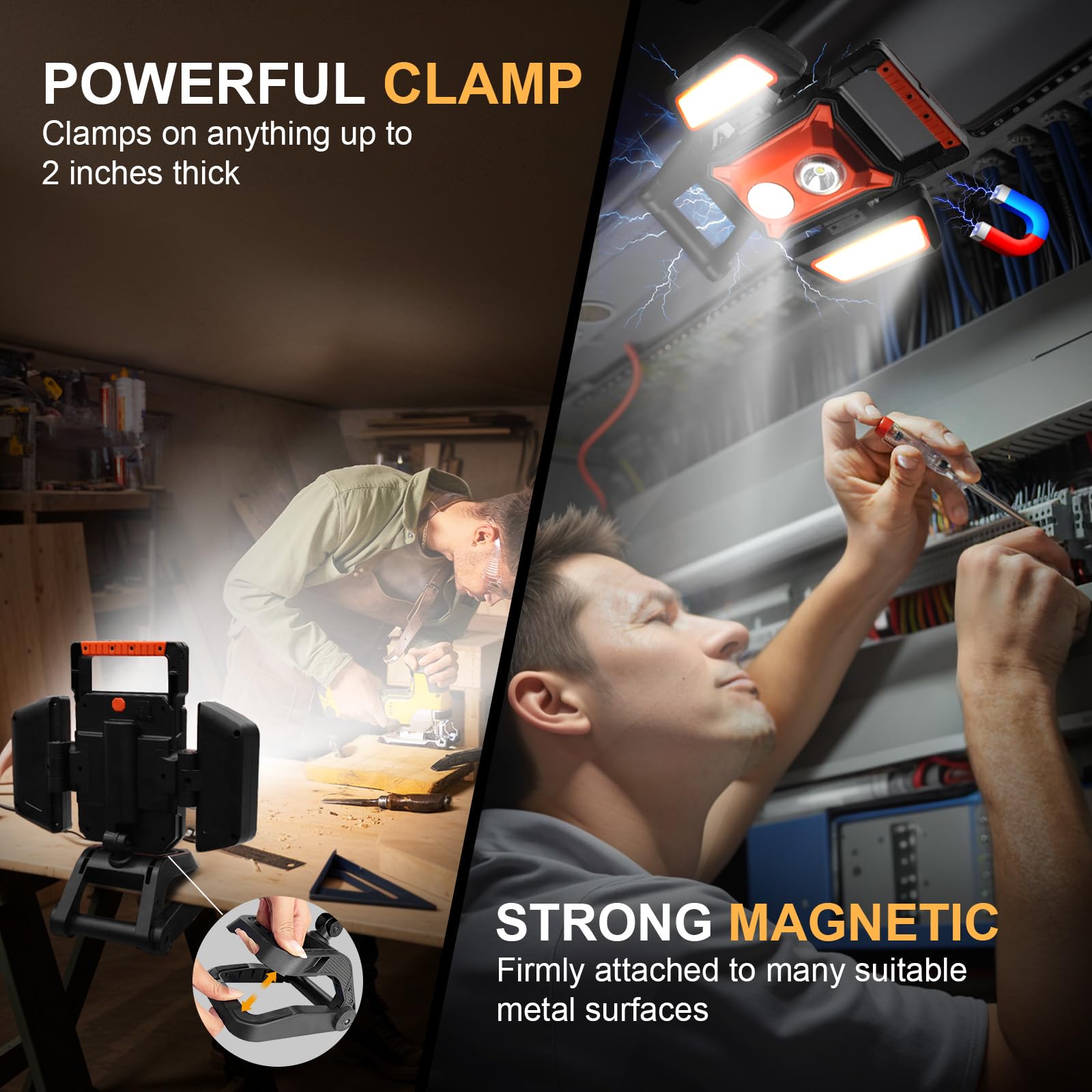 Tresda 4000Lm Led Work Light Rechargeable With Clamp, 40W Magnetic Work Light Battery Powered With 5 Light Modes, 350? Rotation,