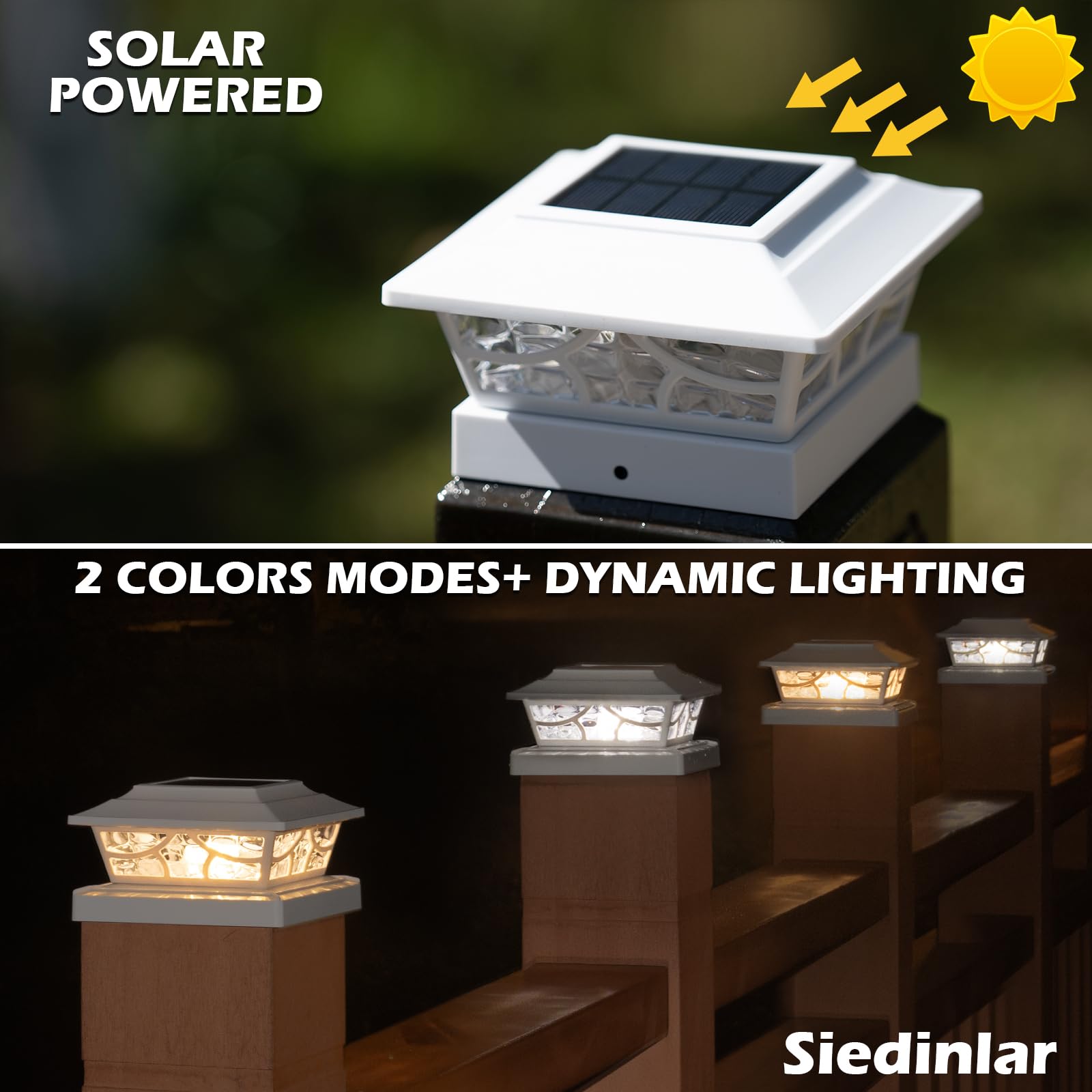 SIEDiNLAR Solar Post Lights Outdoor - 4 Modes, 8 Pack, Warm & Cool White, Fits 4x4 5x5 6x6 Vinyl Wooden Posts, Model