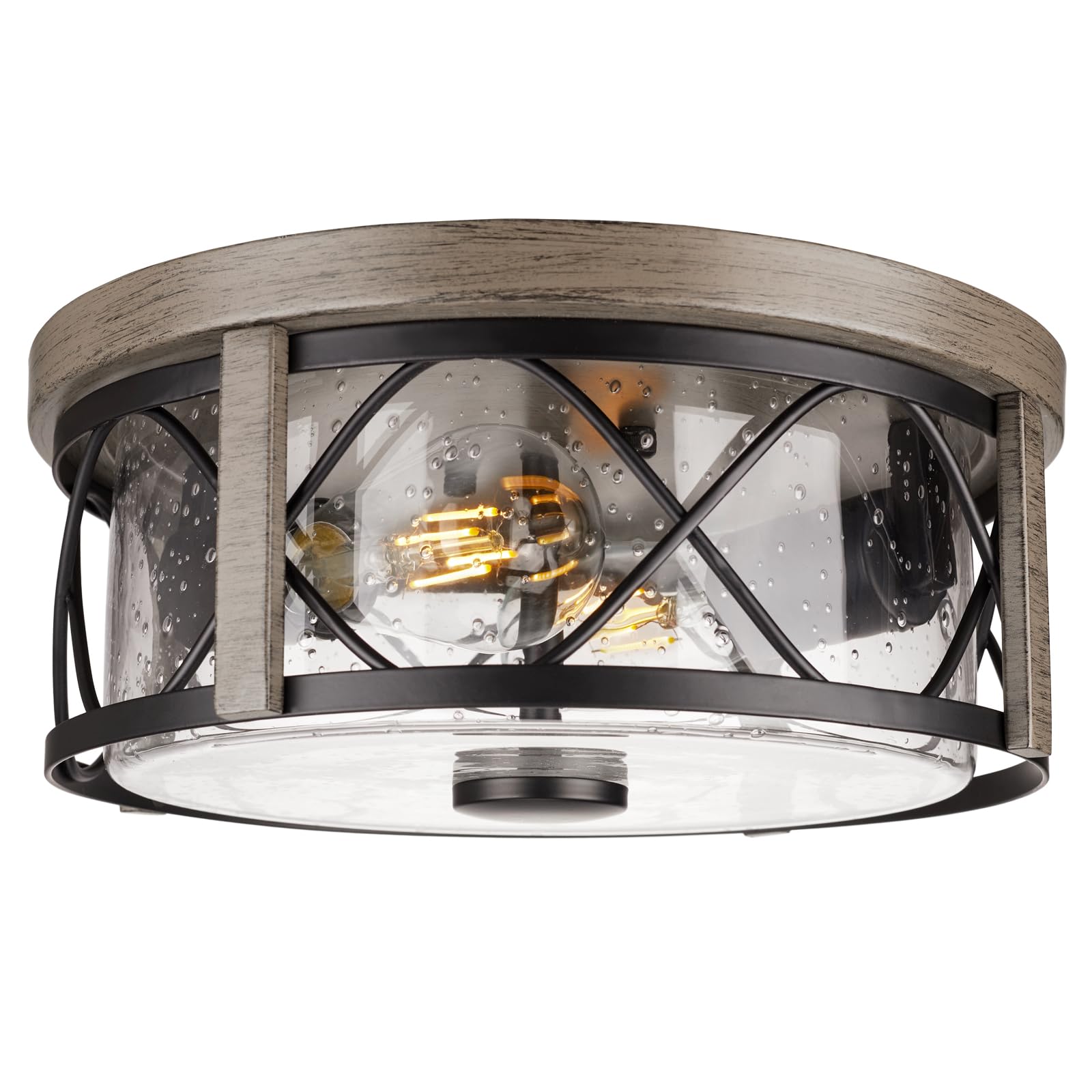 Rosient Rustic Flush Mount Ceiling Light, Wood Grain Metal Cage With Seeded Glass, Farmhouse Design