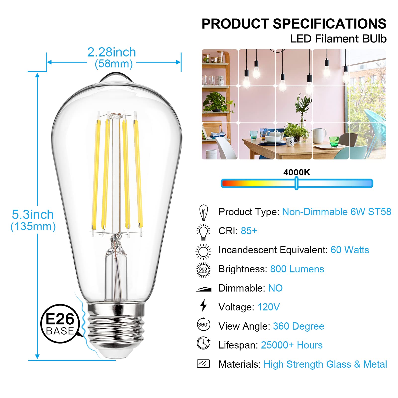 Maxvolador Vintage Led Edison Bulb 60W Equivalent 800Lm, 6W St58 Filament Light Bulbs, Neutral White 4000K, E26 Base, Non-Dimmab