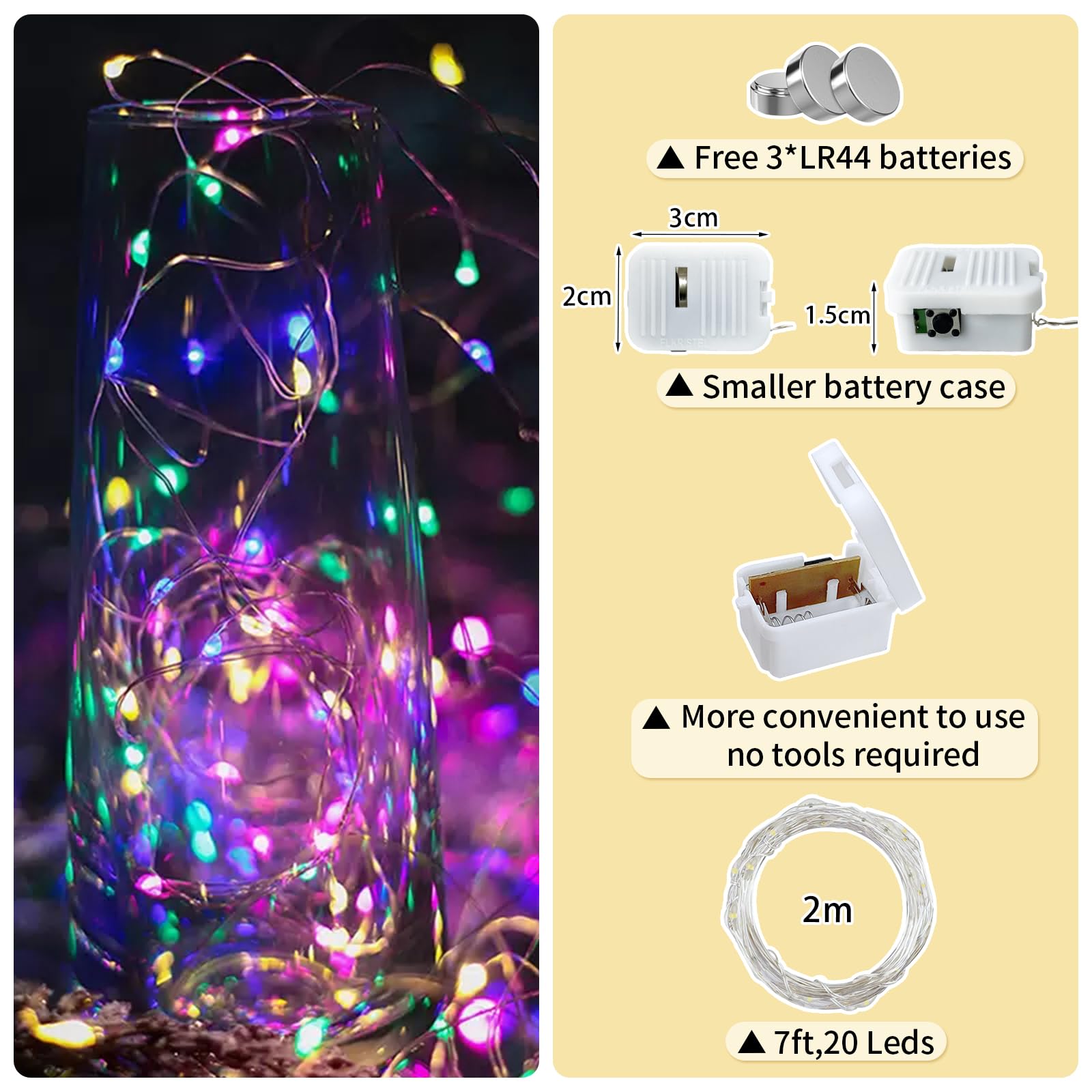 chzk 24 Pack Multicolor Fairy Lights, 7ft 20 LED Mini String Twinkle Lights, Battery Operated, Model D11-BKDC