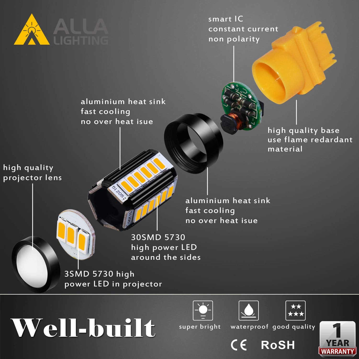 Alla Lighting 3157 LED Turn Signal Bulbs, Amber Yellow, 2800lm, T25 3156, Aluminum, Super Bright Blinker Lamps