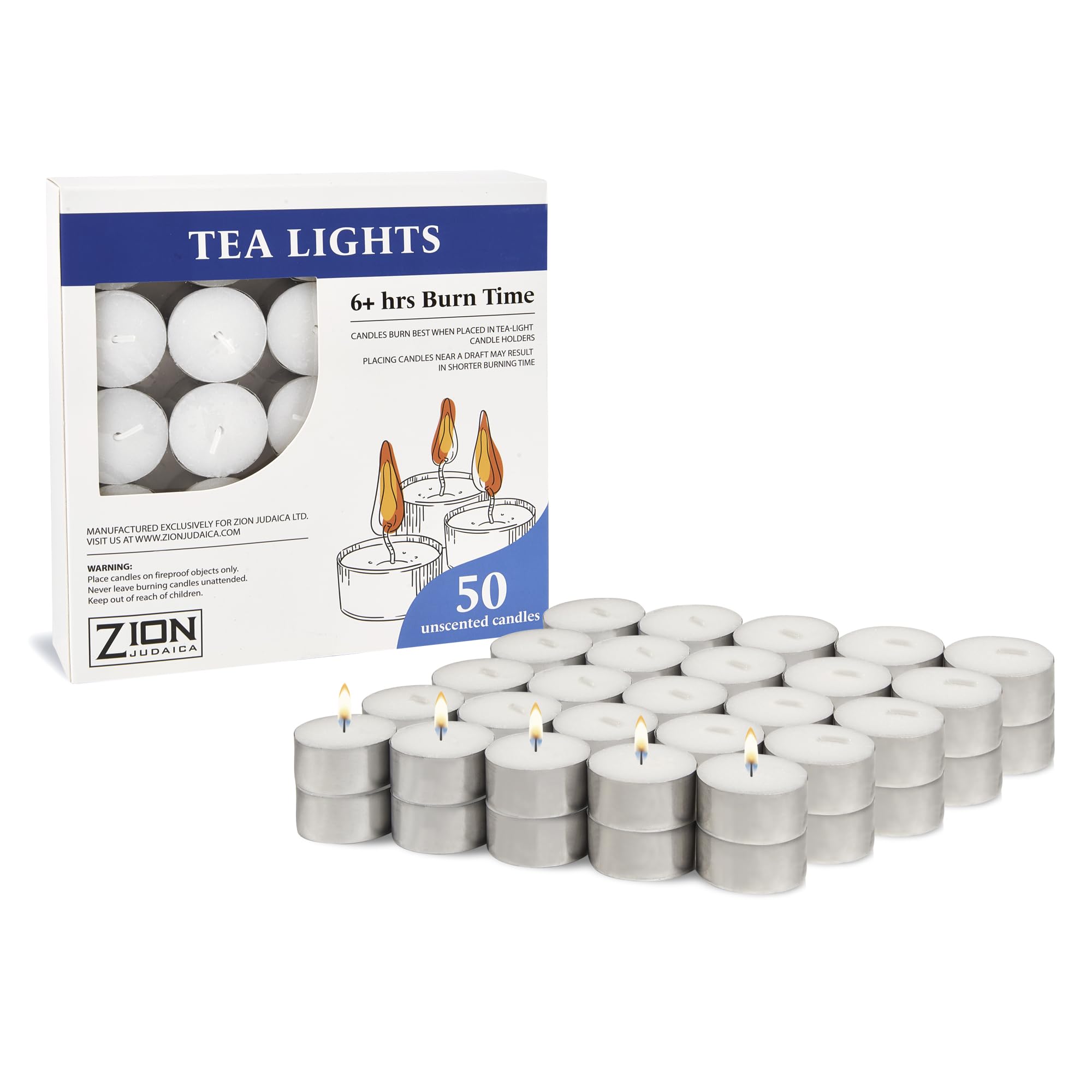 Zion Judaica Tealight Candles Set, Unscented, Smokeless, Dripless, 6 Hour Burn Time, White, Paraffin Wax, 50 Count