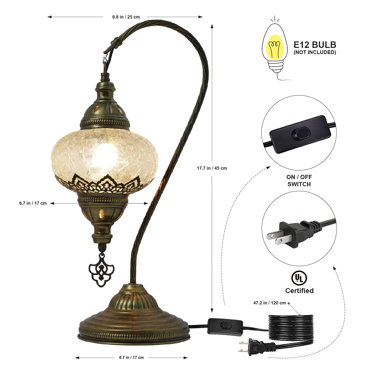Mozaist Turkish Table Lamp, Swan Neck Mosaic Design, Tiffany Style, E12 Socket, US Plug, Color A35