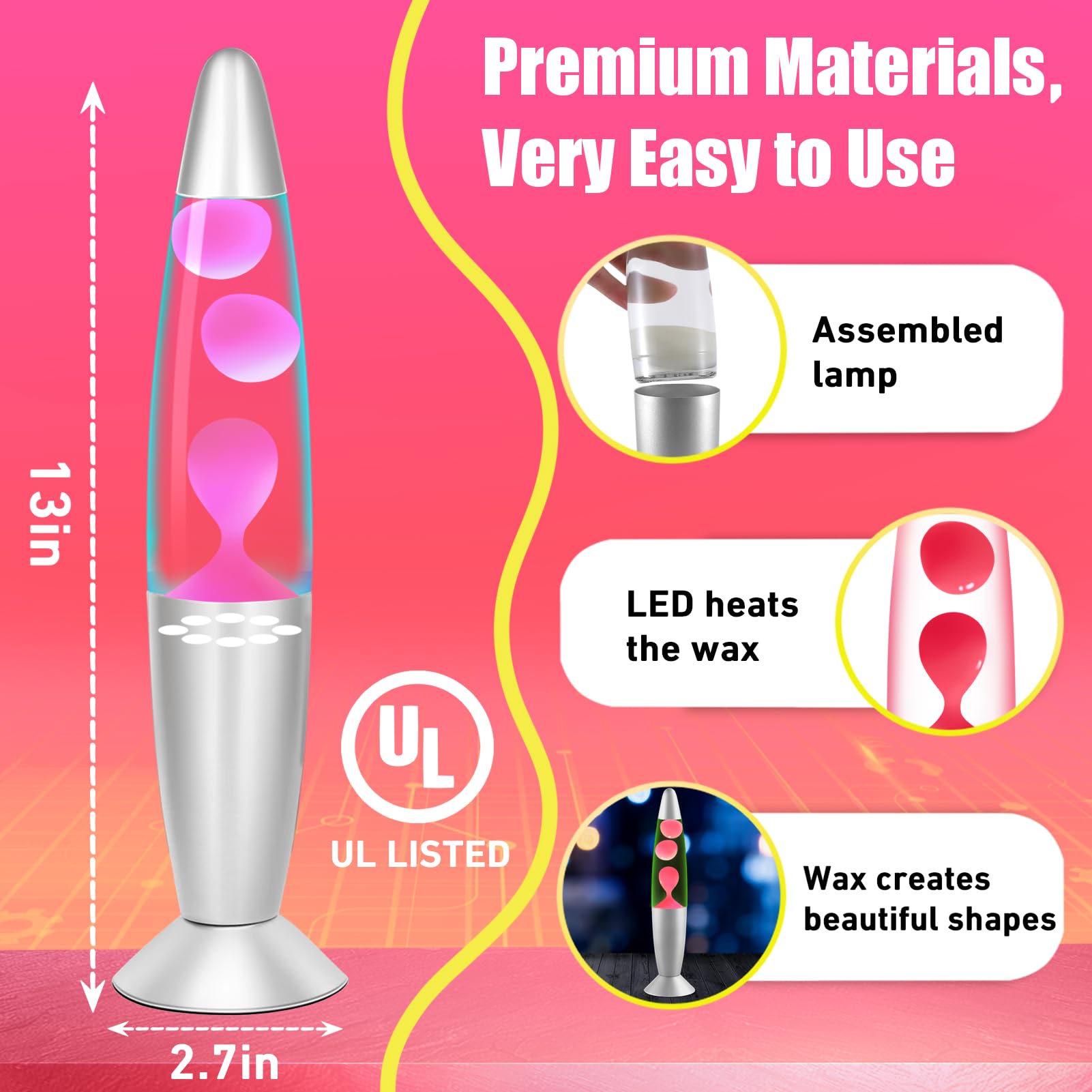Dalavalampa LED Pink Liquid Motion Lamp, 13" Color Changing Night Light for Kids, Metal Table Lamp for Home Bedroom Decor