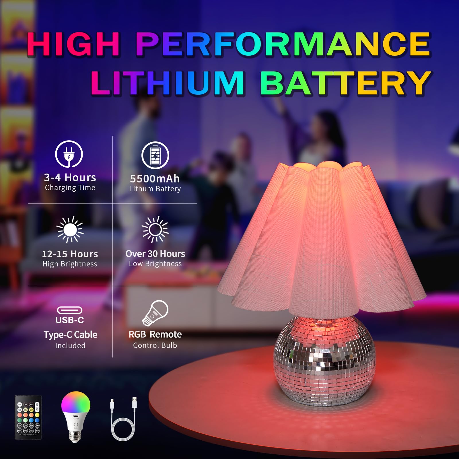 Rechargeable Crodless Small Funky Table Lamp, Battery Operated Remote Control Disco Mini Table Lamps for Bedroom Nightstand, Fun