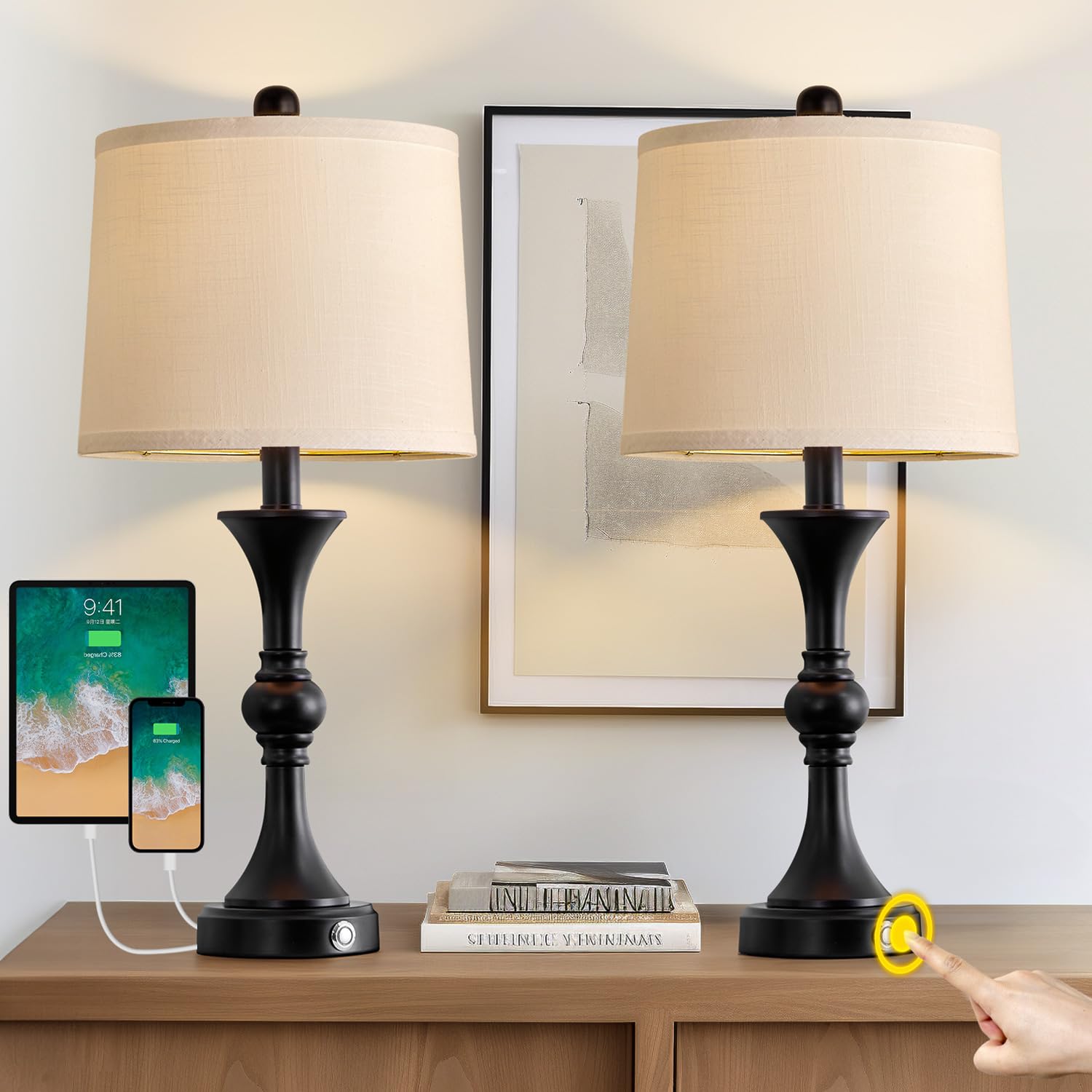 Oneach 28'' Table Lamps for Living Room Set of 2, Bedside Lamps with 3 Way Dimmable Touch Lamps for Nightstand Bedroom Farmhouse