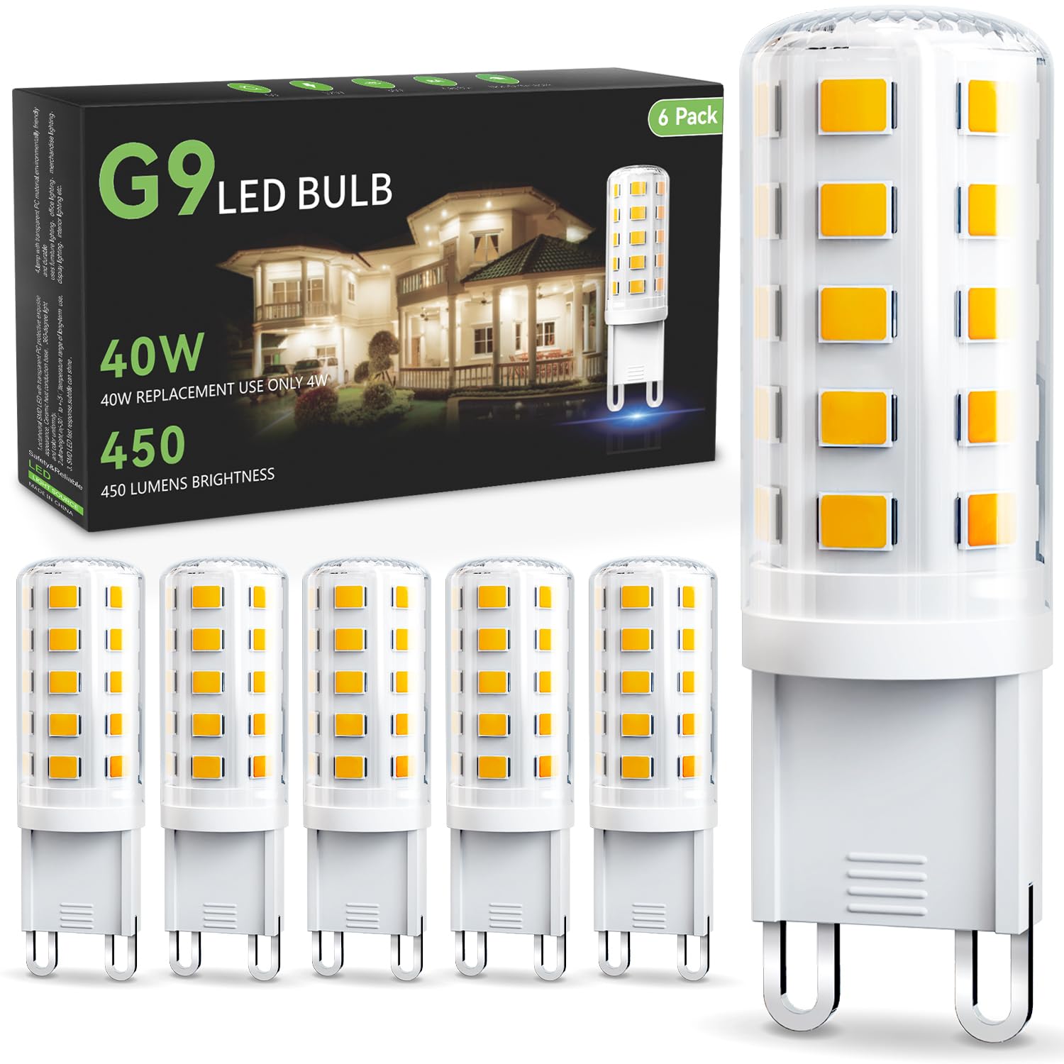 Tjoy G9 Led Bulb 4W, 3000K Soft Warm White 6 Pack, Equivalent 40 Watt T4 G9 Halogen Replacement, G 9 Bi-Pin Base Light Bulbs For