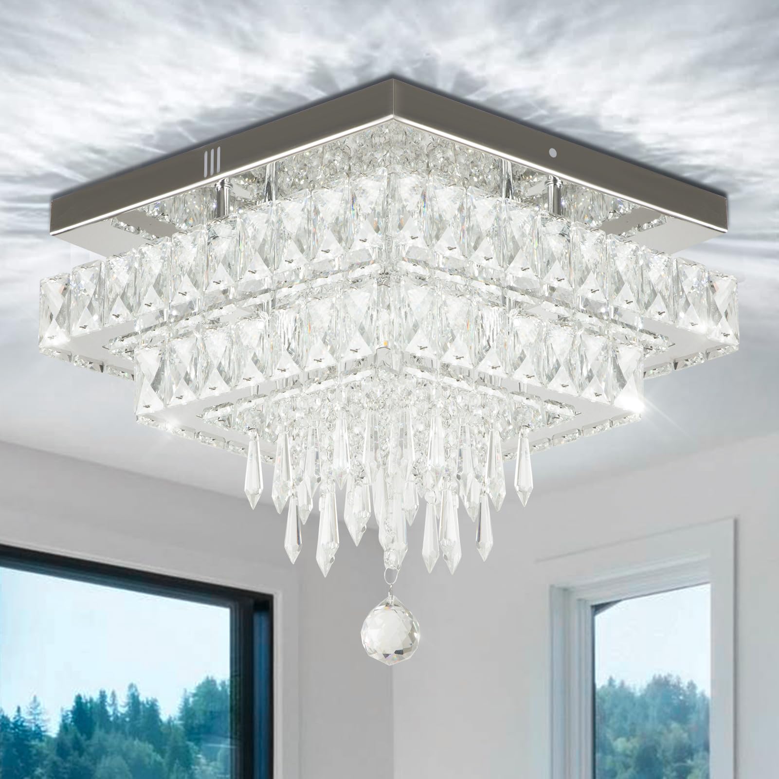 Finktonglan 13'' Square Crystal LED Ceiling Light, Modern Chandeliers with Multilayer Crystal, Flush Mount Ceiling Lights for Di