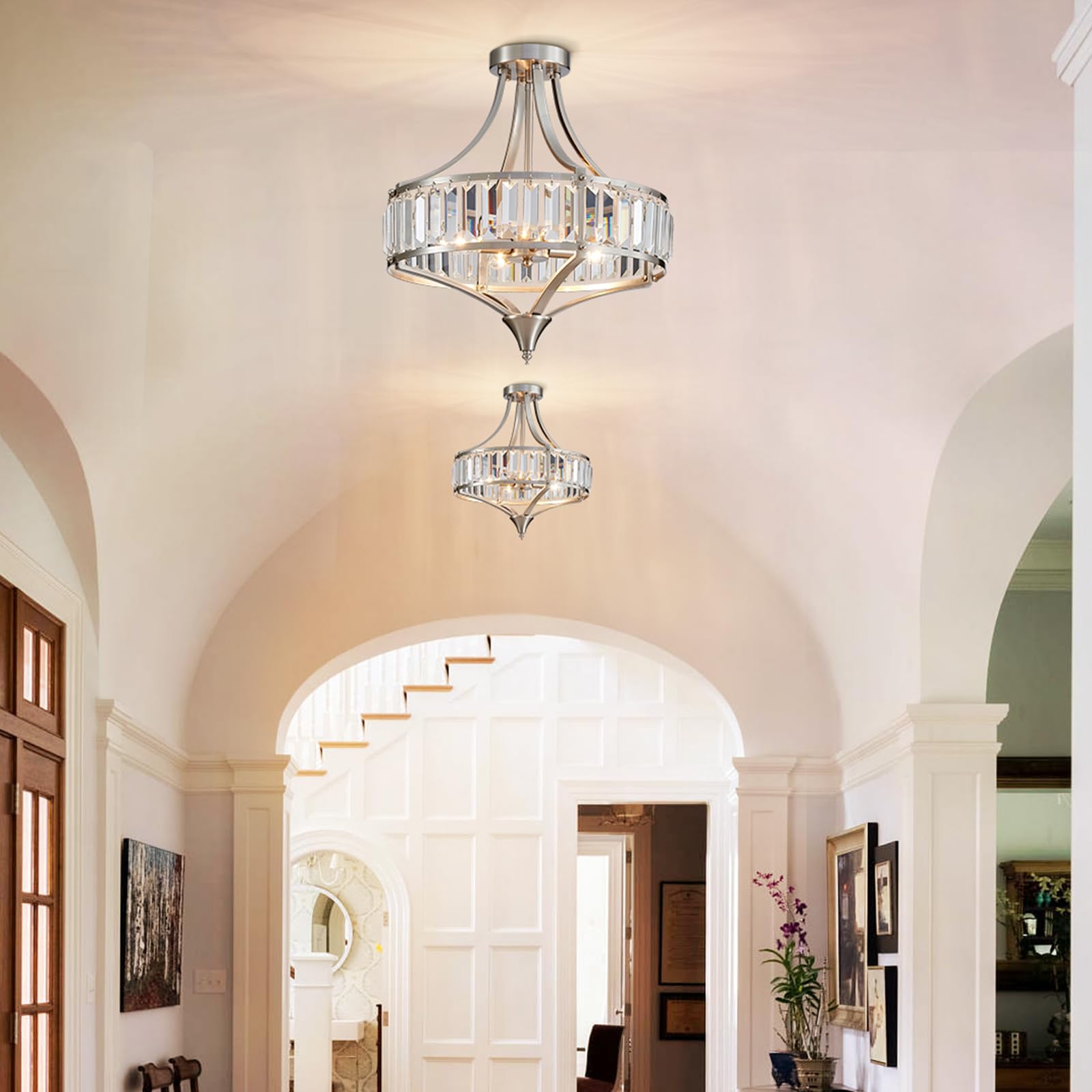 Avzkcy Modern Nickel Chandelier 4-Light Crystal Ceiling Light Fixtures 16 Inches Flush Mount Lamp Suit For Living Room Kitchen I