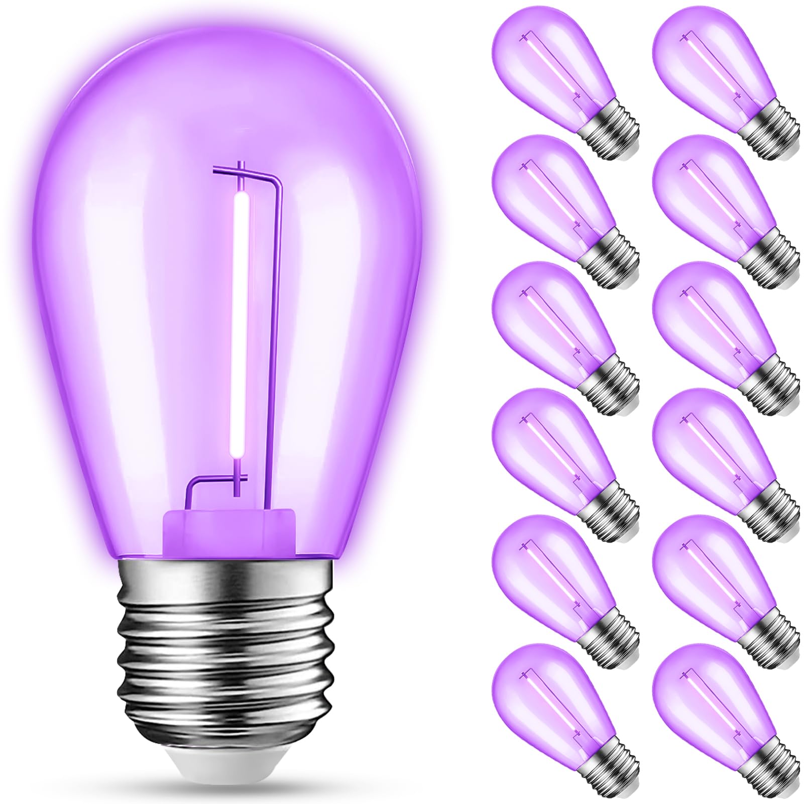12-Pack Purple String Light Bulbs  Patio String Light Replacement Bulbs For Outdoor Indoor  1W E26 Base S14 Led Colored Light Bulbs For Christmas Halloween Holiday Home Decor