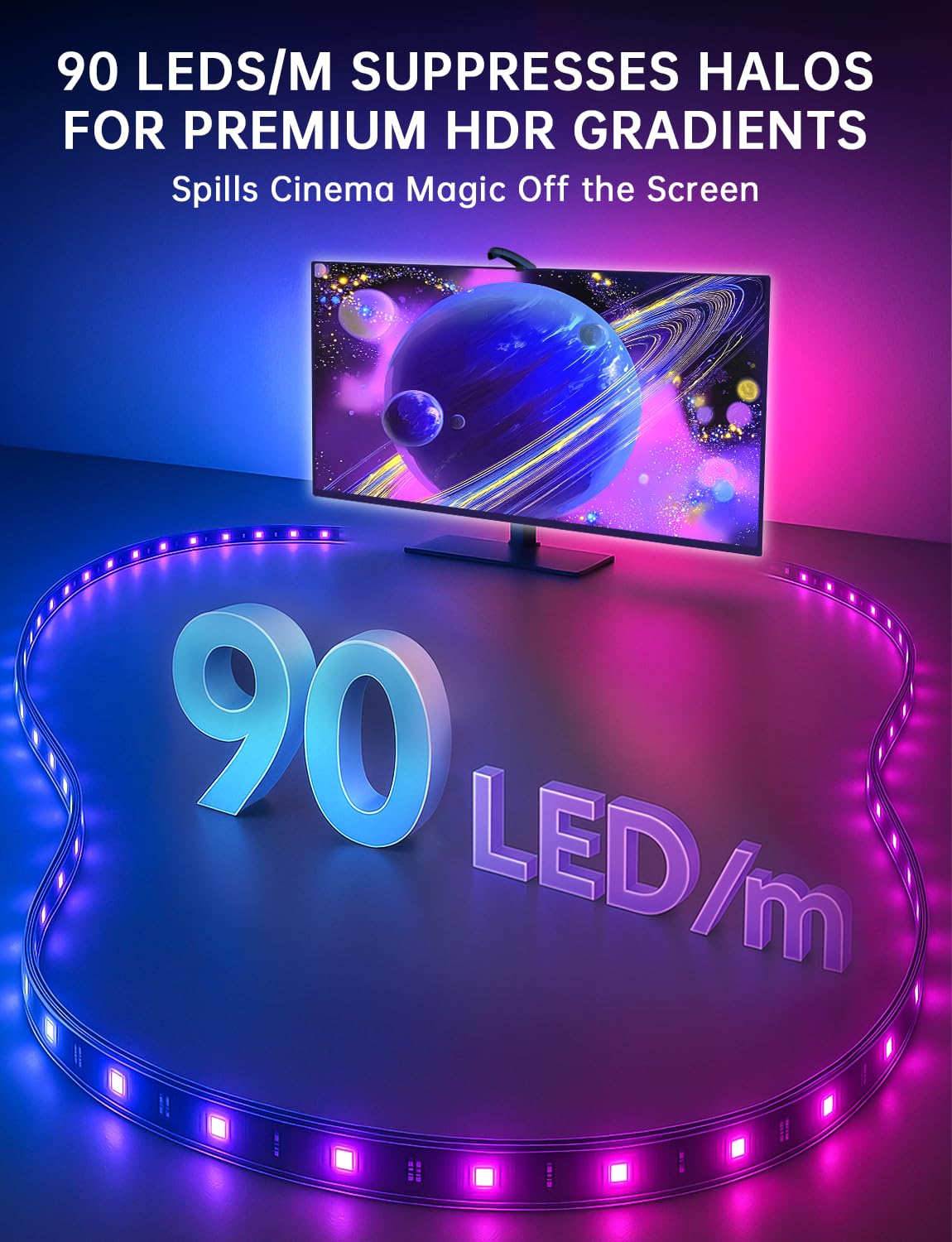 QTU LED Backlight Strip Lights, 14.7ft RGB for 55-65" TV & PC Monitor, Smart App Control, Multicolor, Model L02