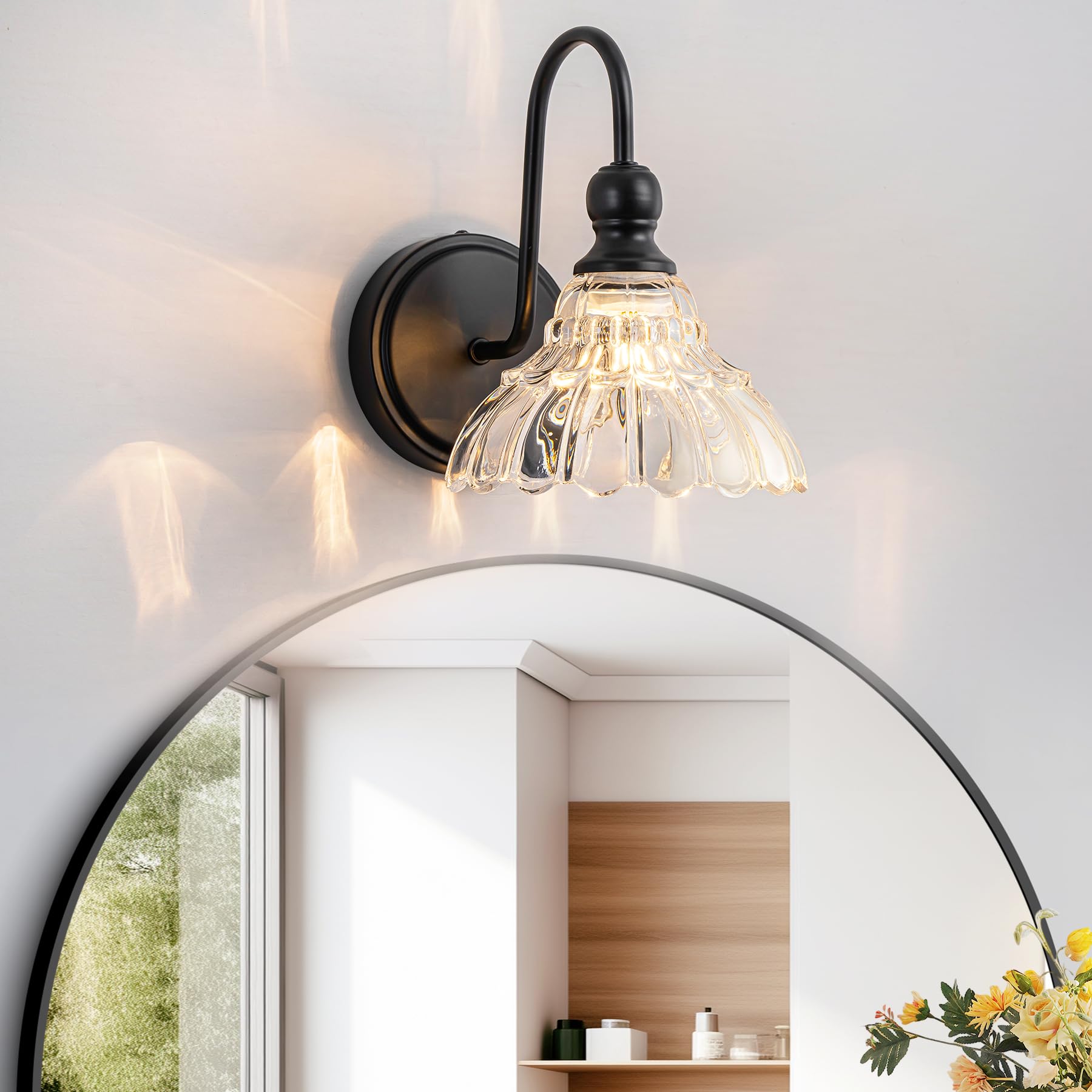 BrkNit 1-Light Black Wall Sconce - Vintage Bathroom Light Fixture with Flower Glass Shade, Stainless Steel, Model J0063-4