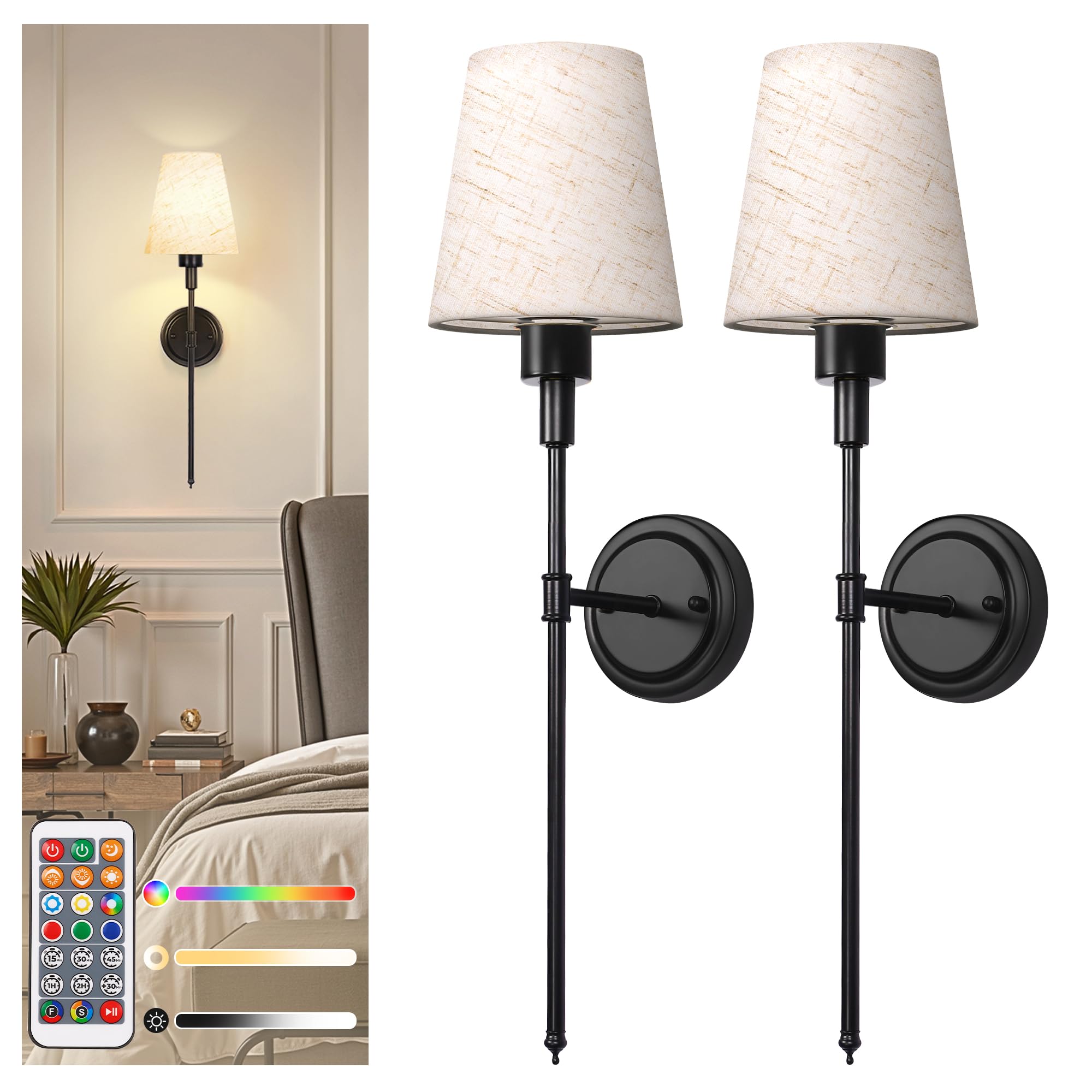 DORESshop Battery Operated Wall Sconce Set of 2, 24.6in Black Metal with Fabric Linen Shade, Easy to Install Wall Decor
