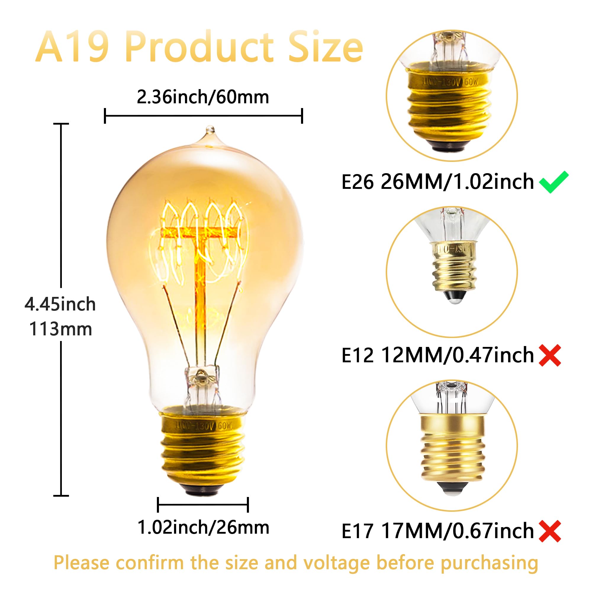 Sevici A19 Dimmable Edison Bulb Pack of 6, Amber Glass, 120V 60W, 2200K Warm Yellow Light, Retro Style, 2.36