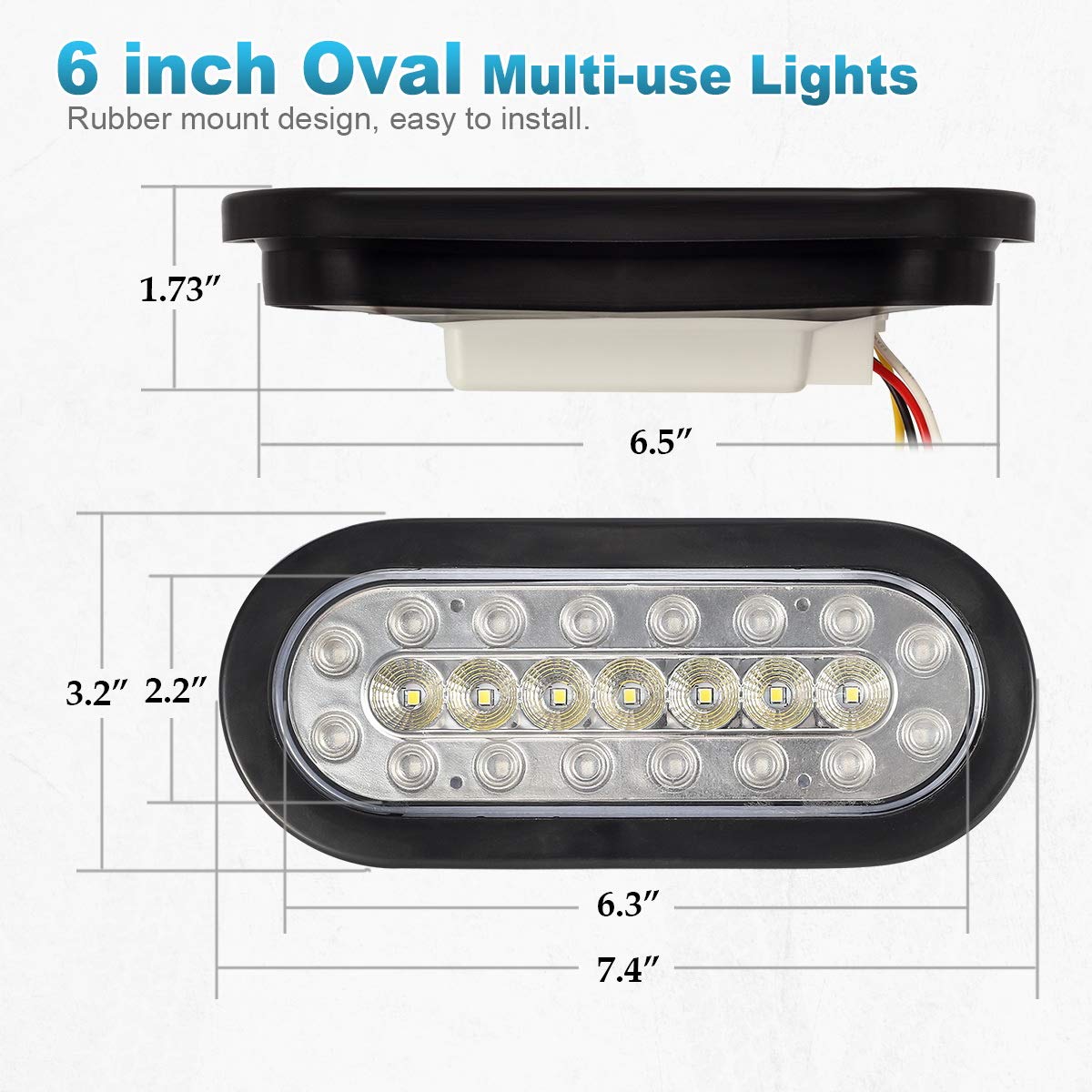 Partsam 2Pcs 6.3 Inch Oval Led Stop Turn Tail Lights With Reverse Lights Red And White Clear Lens 23 Led, Sealed 6.3 Inch Oval Led Trailer Tail Lights Backup Lights W Reflectors Grommet Flush Mount