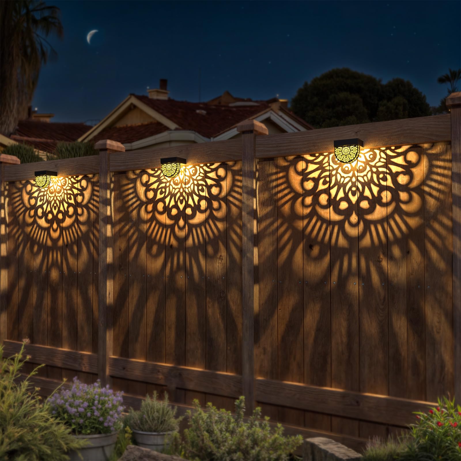EKQ Solar Fence Lights, Waterproof Plastic Outdoor Wall Lights, 6 Pack, Black, Moon Theme for Garden, Deck, Patio, Backyard Decor