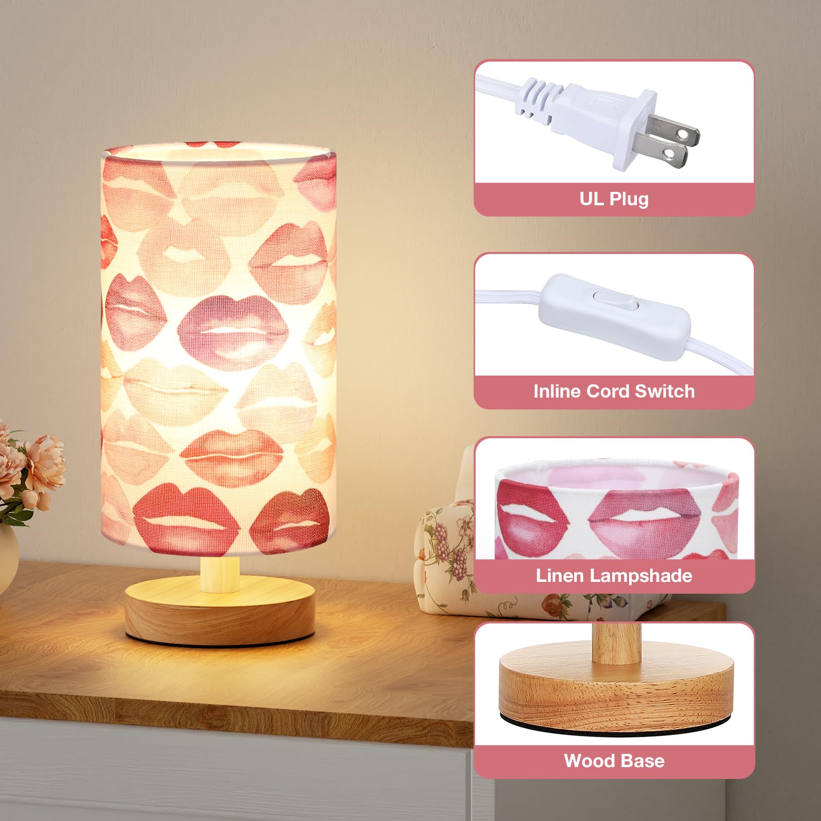 Fenmzee Lips Table Lamp For Bedroom - Inline Control, Small Bedside Lamp With 3000K A15 Led Blub, Easy Assembly (Lips White Shad