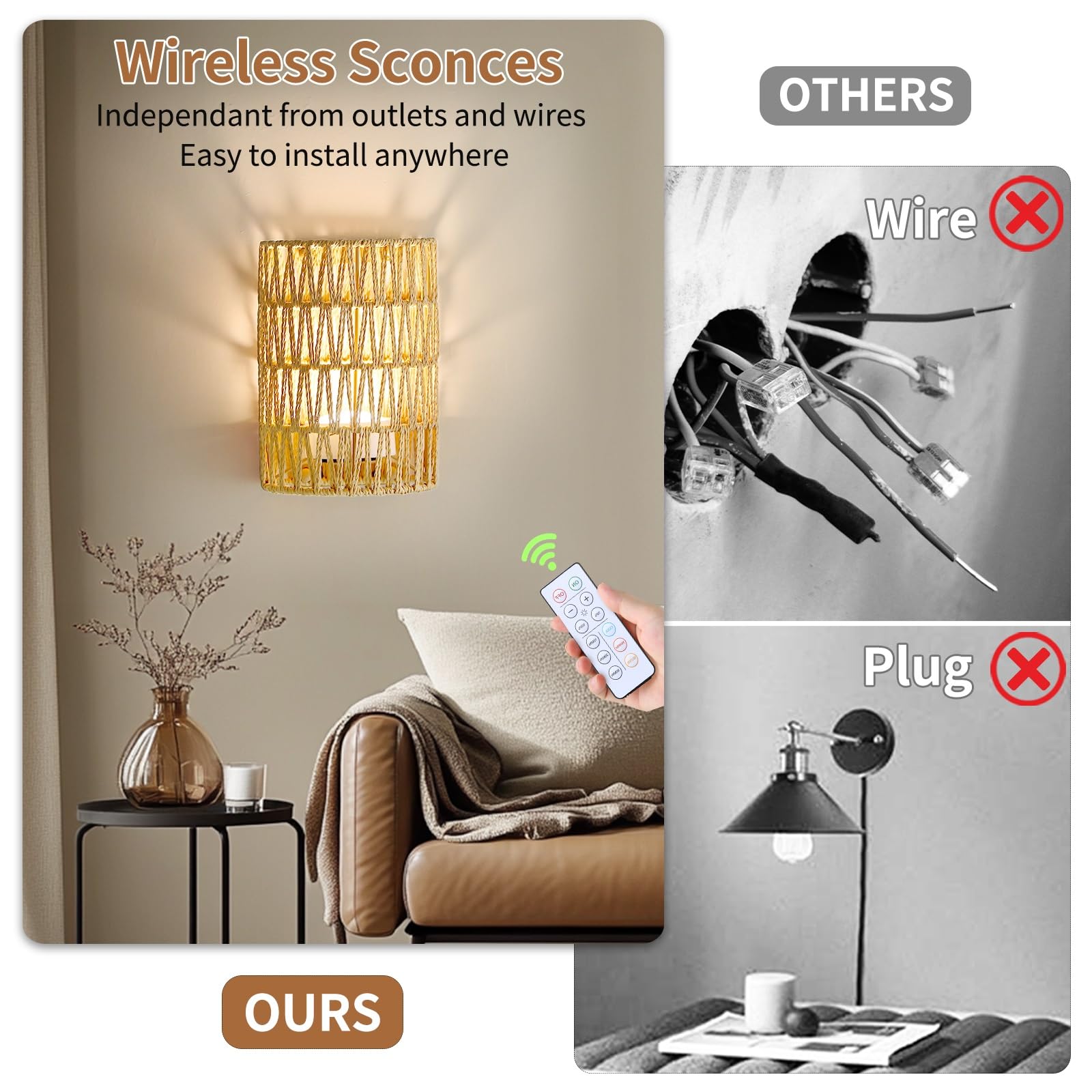 Espossi Battery Operated Wall Sconce Set of 2, Rattan Rechargeable, Wireless with Remote, Boho Design for Bedrooms & Living Room