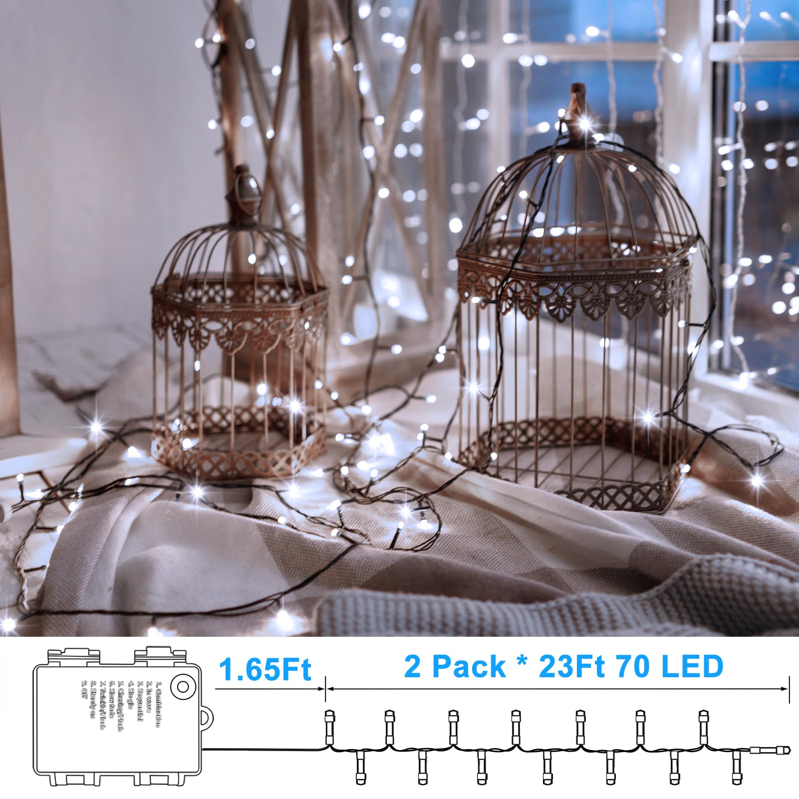 LumBelle 2 Pack String Lights, 23ft 70 LED Battery Operated, Cool White, 8 Modes, Timer, Indoor Outdoor Xmas Decoration