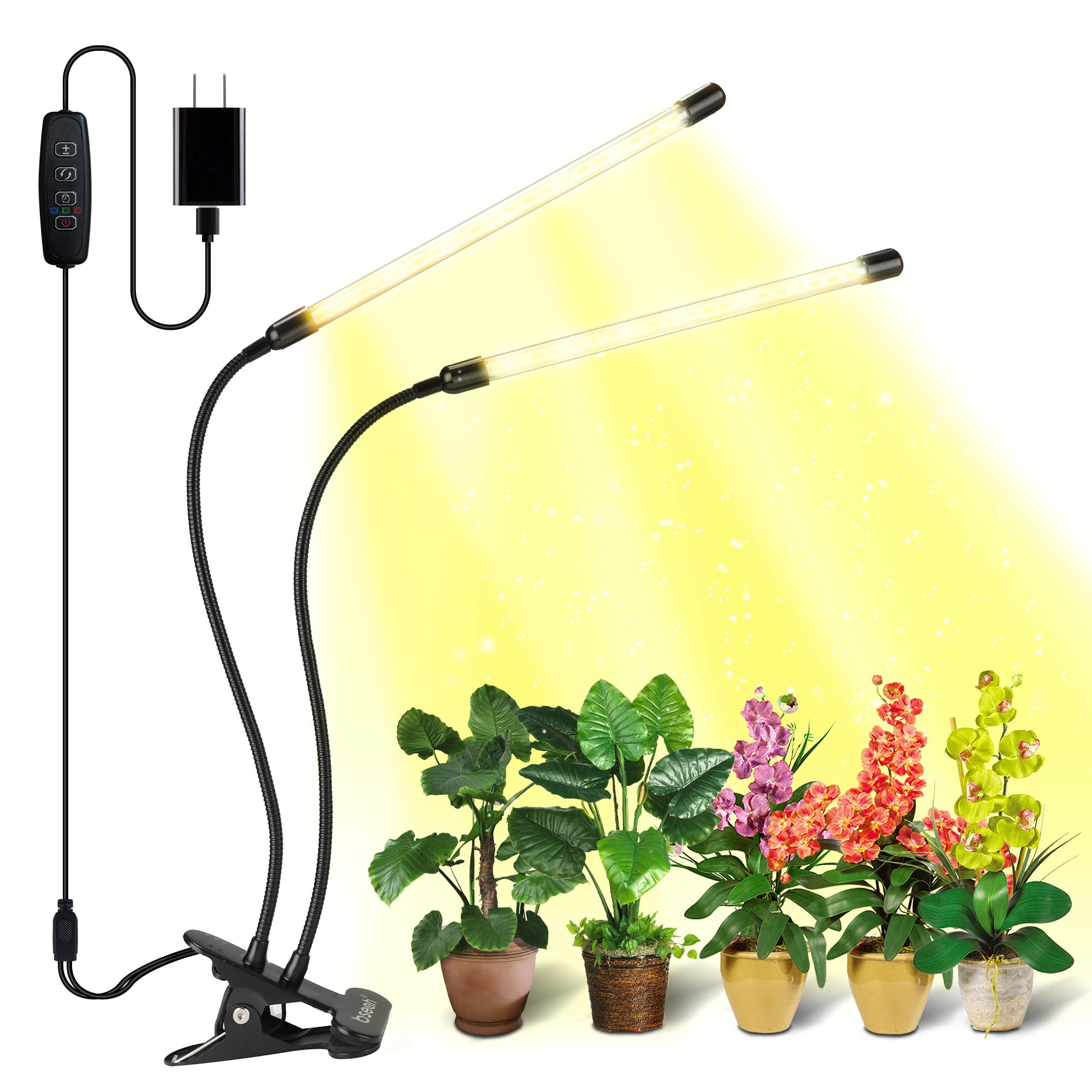 bseah Grow Light for Indoor Plants, Full Spectrum, 9 Dimmable Levels, 2 Goosenecks, Yellow, Timer (3/9/12H)
