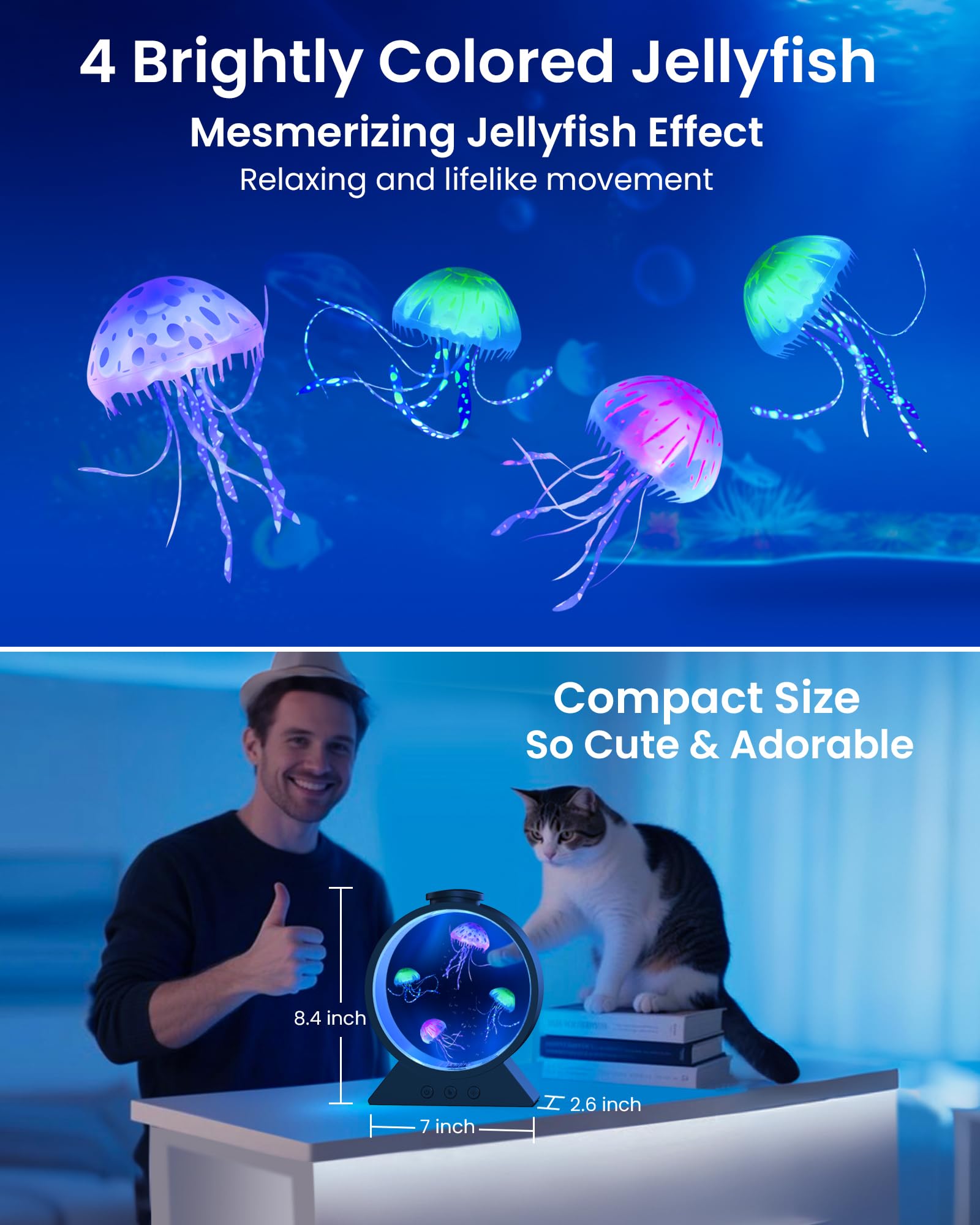 Eyesound Jellyfish Lamp - 7-Color Changing Mood Light, Acrylic, 2.6x6.3x8.1in, Black, Model B4 - Perfect for Home, Office