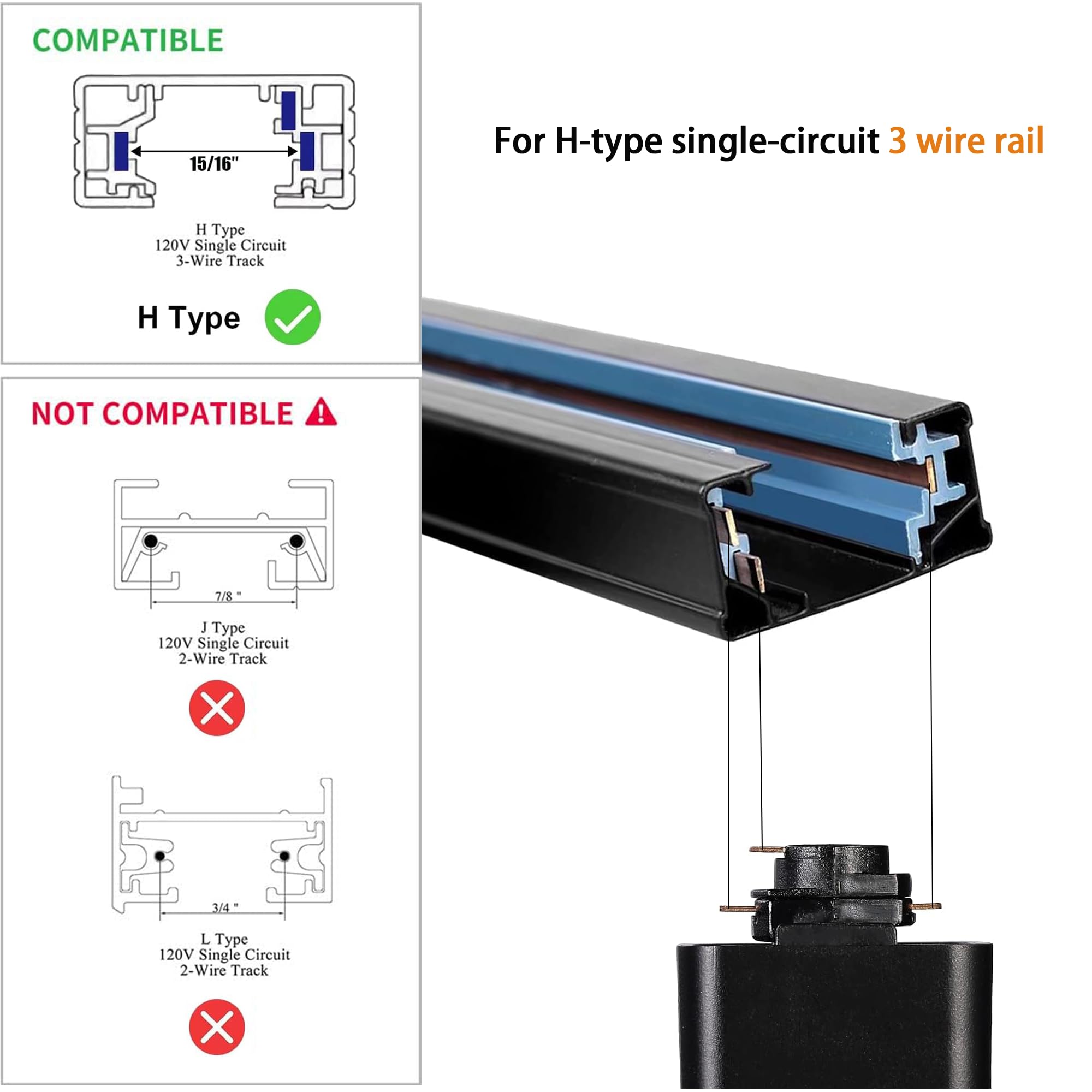 Yuemegou H Track Floating Canopy Connector, Aluminum, Black, Model Y-HT-3-Wire, for Track Lighting Accessories