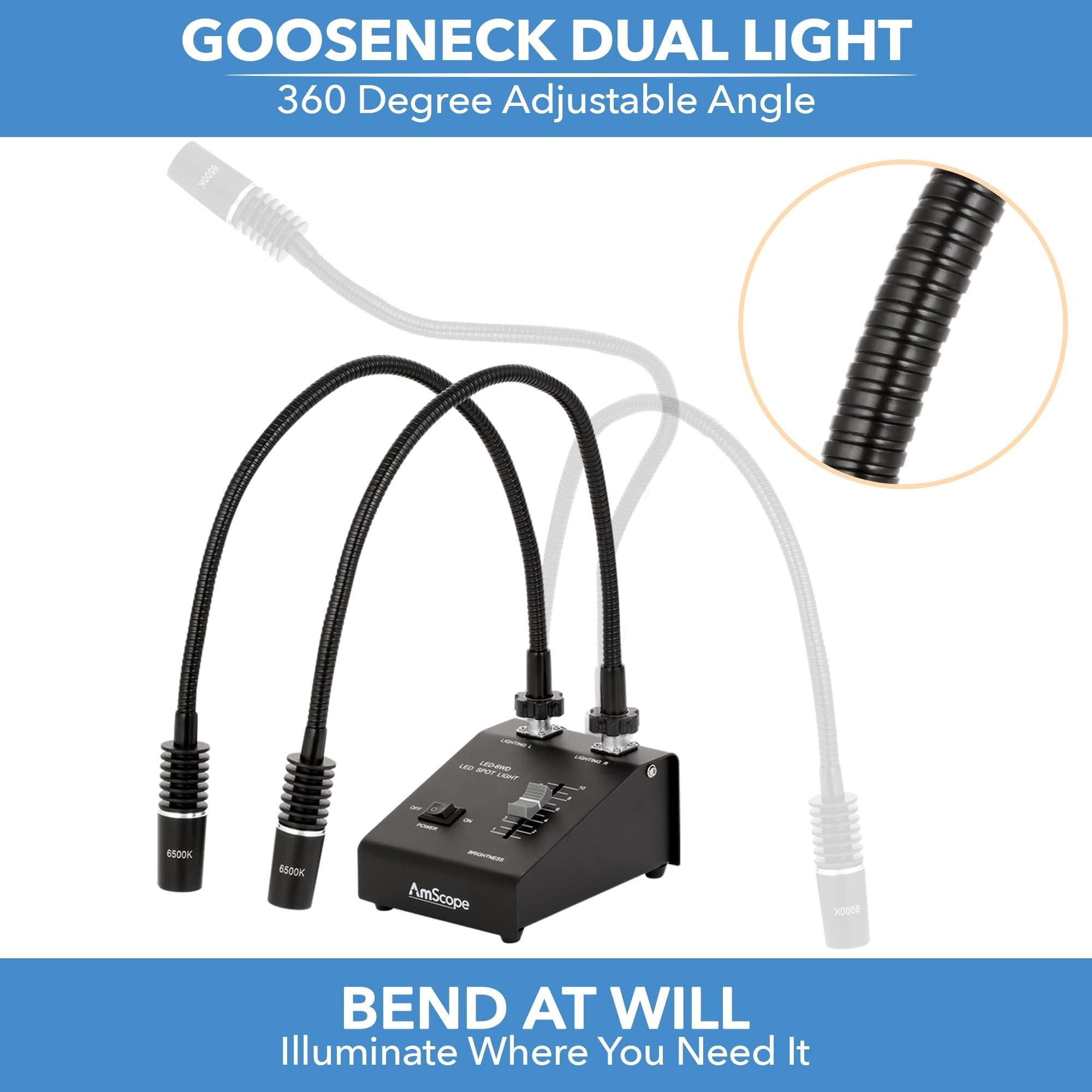 AmScope LED-6W Dual Gooseneck Illuminator Light, Black, 6 Watt, 1 Count