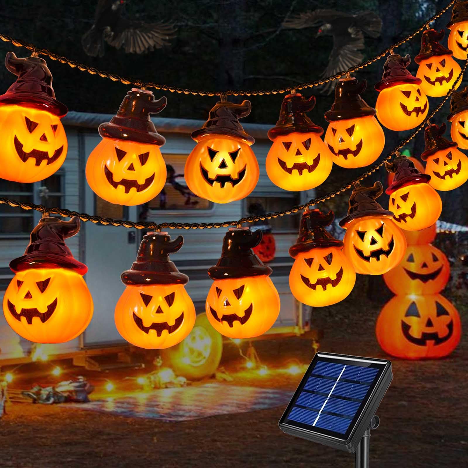 Abkshine Solar Pumpkin Lights String for Halloween, Orange, Plastic, Model ABSK145, Outdoor Yard Decoration