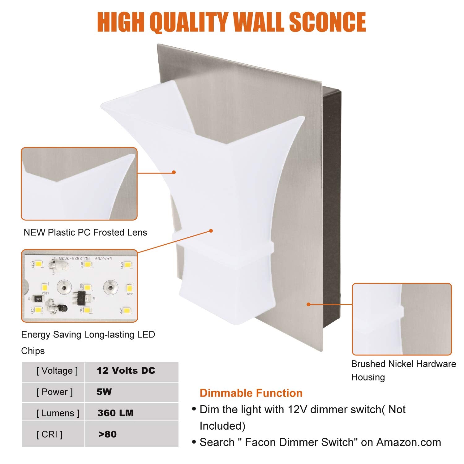 Facon LED RV Vanity Wall Sconce, 12V Reading Light, Aluminum Base, White, Standard Version with Switch, Model WALP-BN