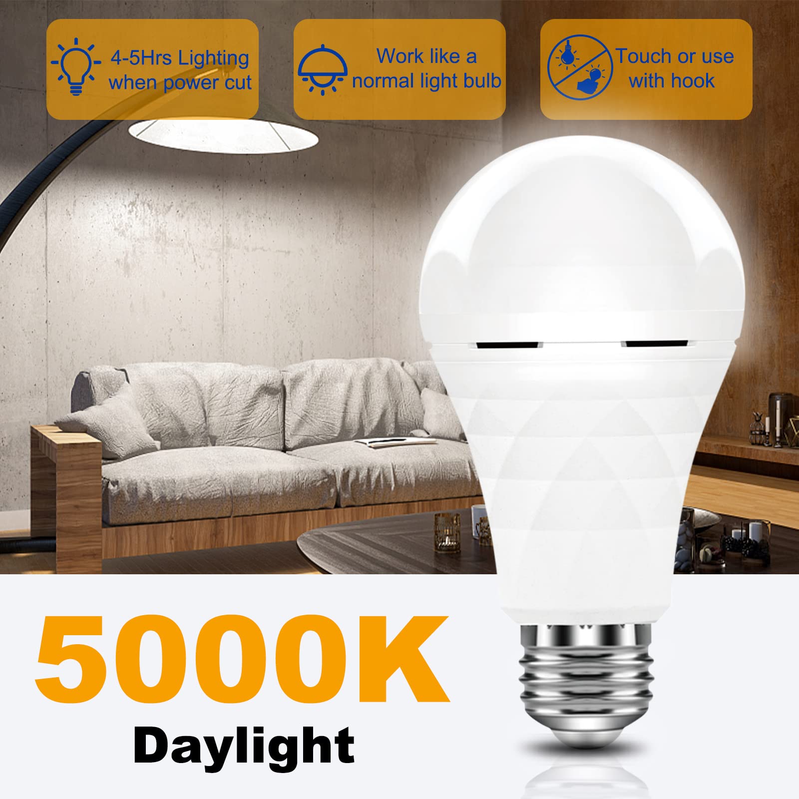 BoRccdit A19 Rechargeable Light Bulbs, 12W LED, 5000K Natural White, 4 Count, E26/E27, Emergency Use, ABS Material