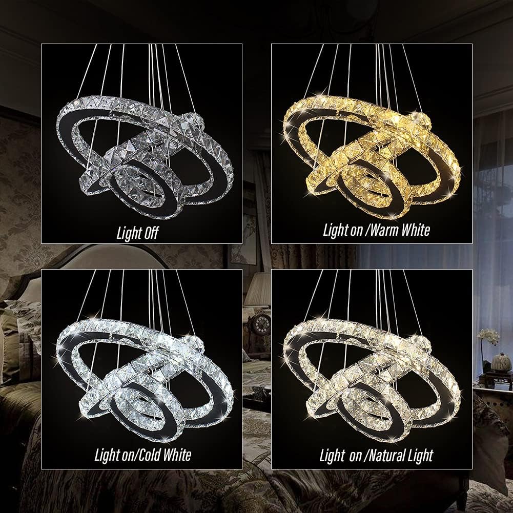 Cainjiazh Modern Crystal LED Chandelier, 3 Rings Round Design, Adjustable Stainless Steel, 234Round-3 Colors