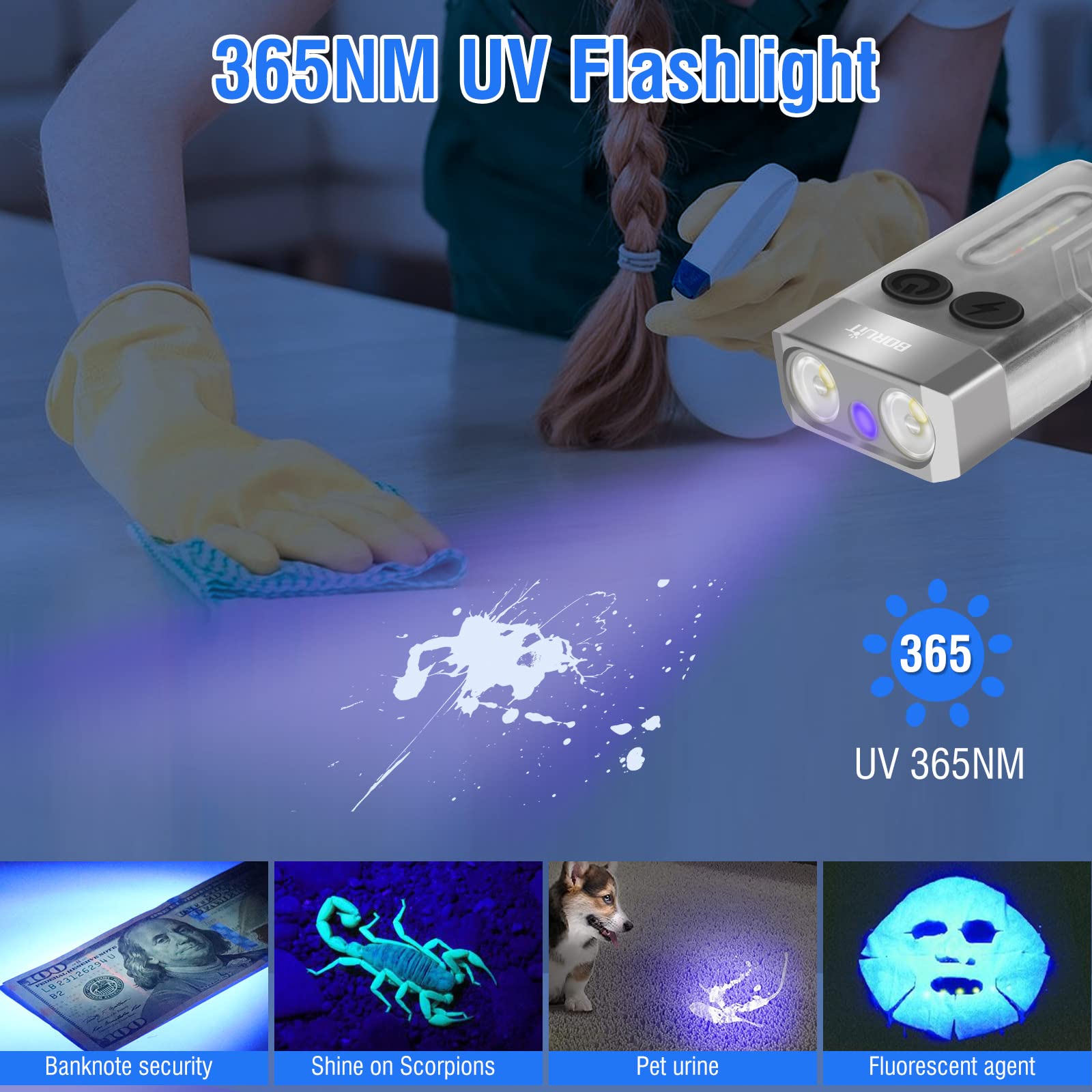 BORUIT V10 LED Flashlight - 1000LM USB C Rechargeable, 365nm UV Black Light, Compact Keychain, White Aluminum