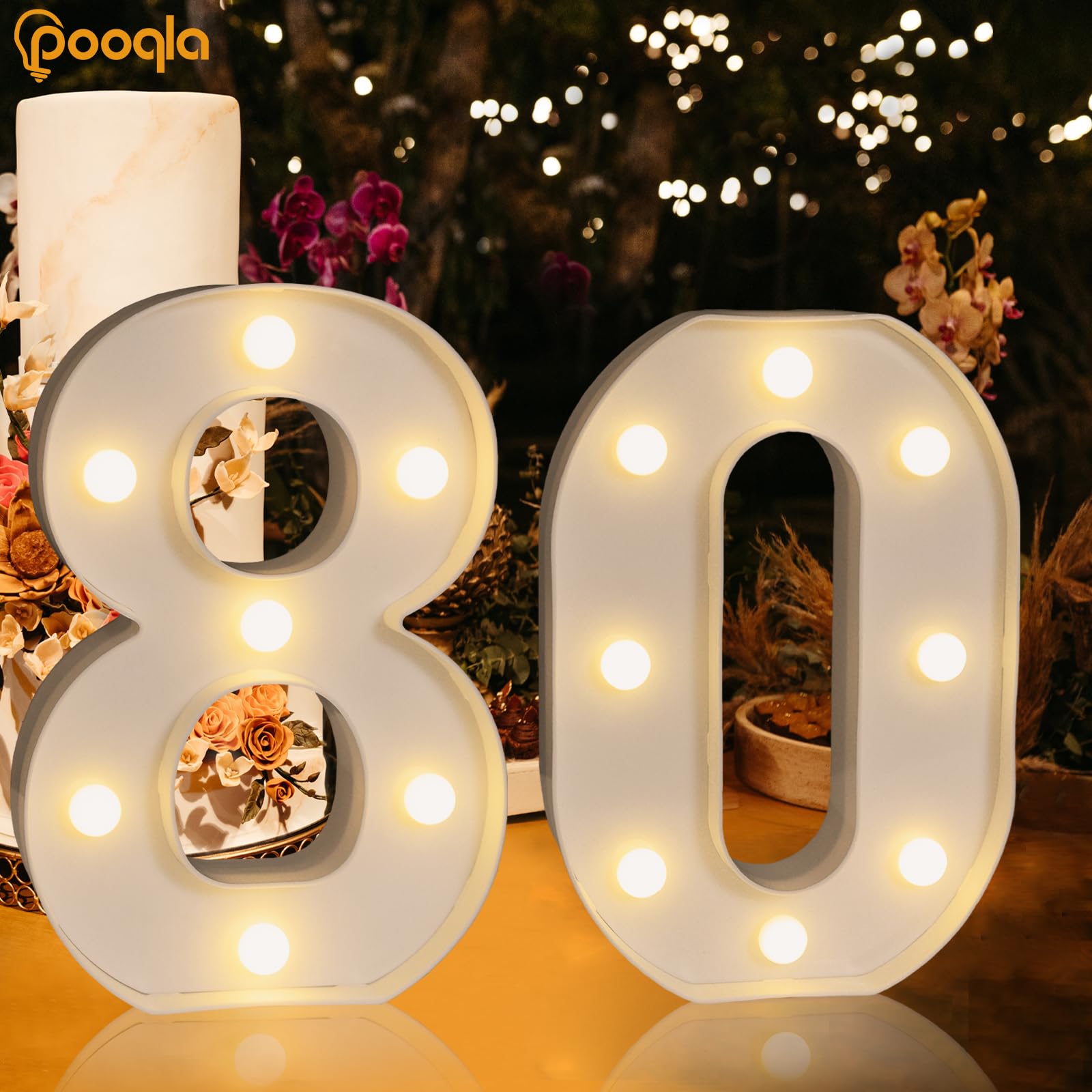 Pooqla Decorative Led Light Up Number Letters, White Plastic Marquee Number Lights Sign For 80Th Birthday Party Wedding Decor Battery Operated Number (80)