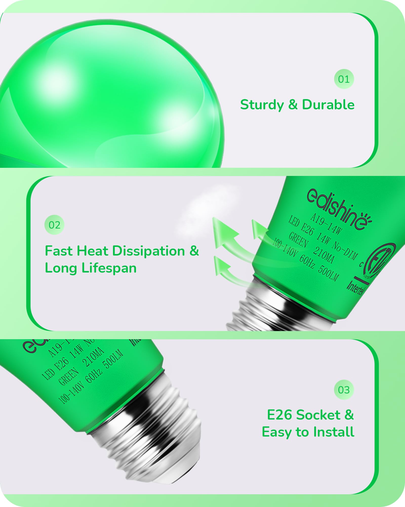 EDISHINE Green LED Light Bulbs, 14W Equivalent, E26 Base, 4 Pack for Christmas Decoration