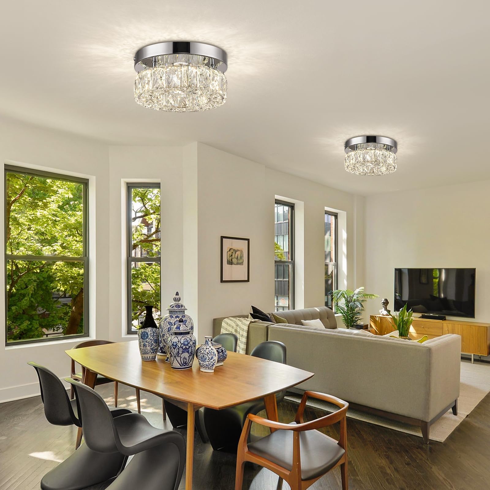 Leontyne 7.9 Inch Dimmable Modern Crystal Chandeliers Mini Led Ceiling Light Fixtures Stainless Steel Flush Mount Ceiling Chande