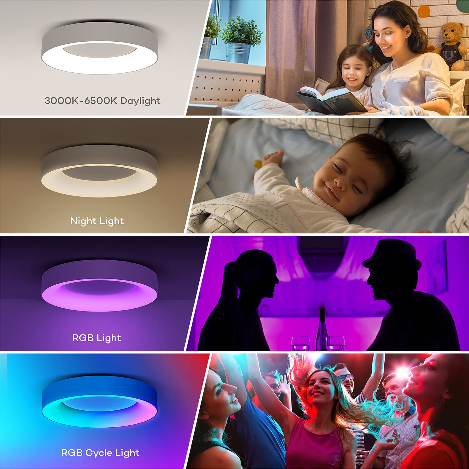 Annaror 16 Inch RGB LED Flush Mount Ceiling Light, 36W Dimmable, 3000K-6500K, Modern White, Remote Control, Model LS-CL-H36