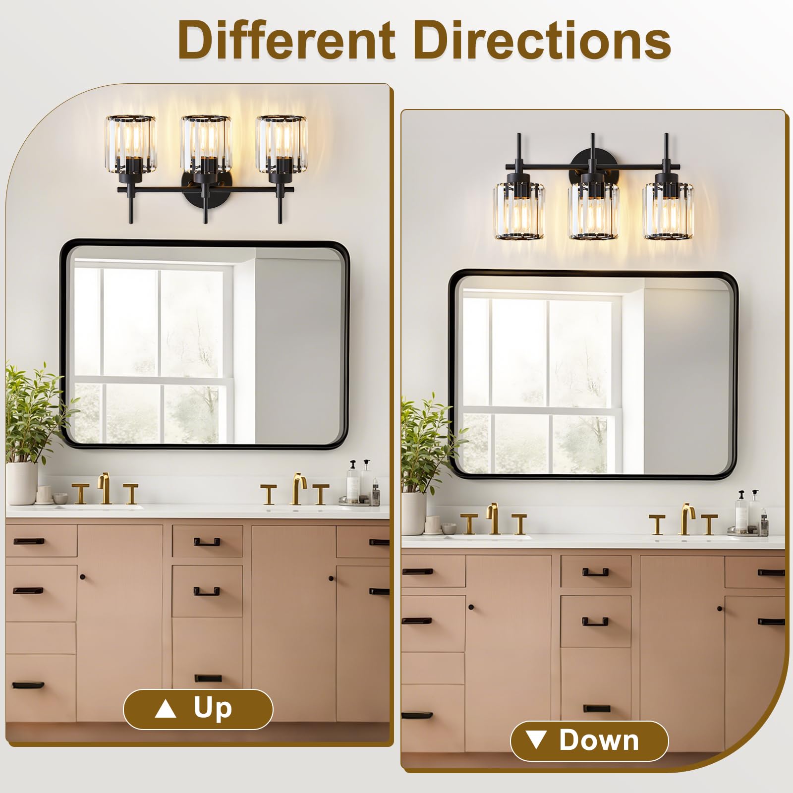 EJIAXIN 3 Light Black Crystal Vanity Light Fixture, Modern Wall Sconce for Bathroom and Bedroom, Metal, Model 7003